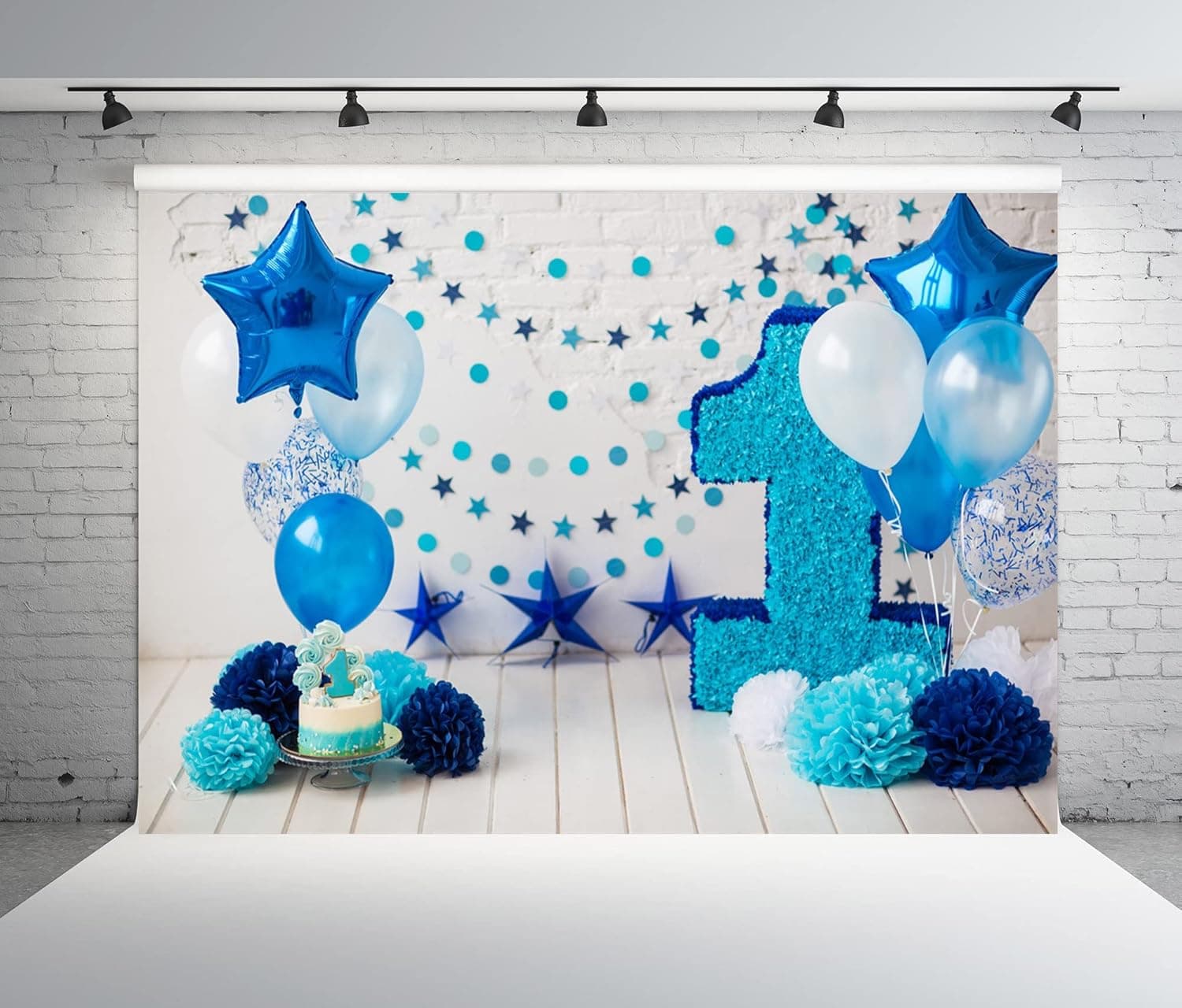 BELECO 7x5ft Fabric Cake Smash First Year Backdrop Baby Boy Blue First Birthday Backdrop Balloons Stars Flowers Wood Floor One Year Old Birthday Party Decorations Kids 1st Bday Photoshoot Photo Props