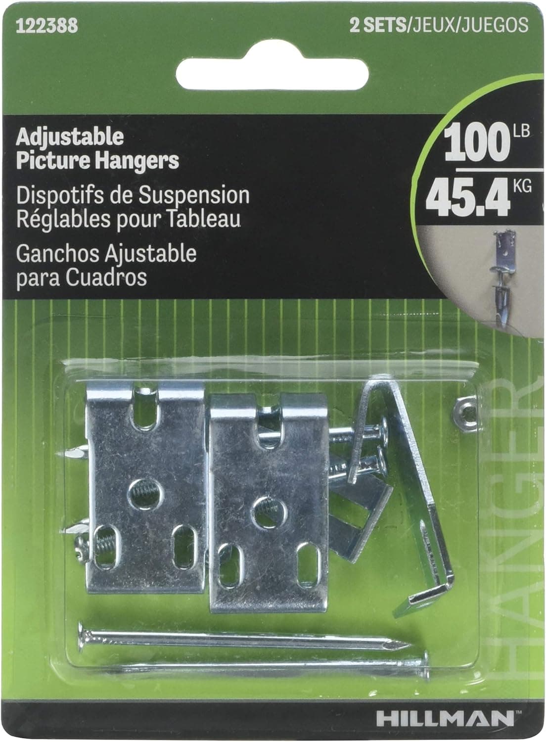 Hillman 122388 Adjustable Picture hanger 100 Lb Card - 10 Pack