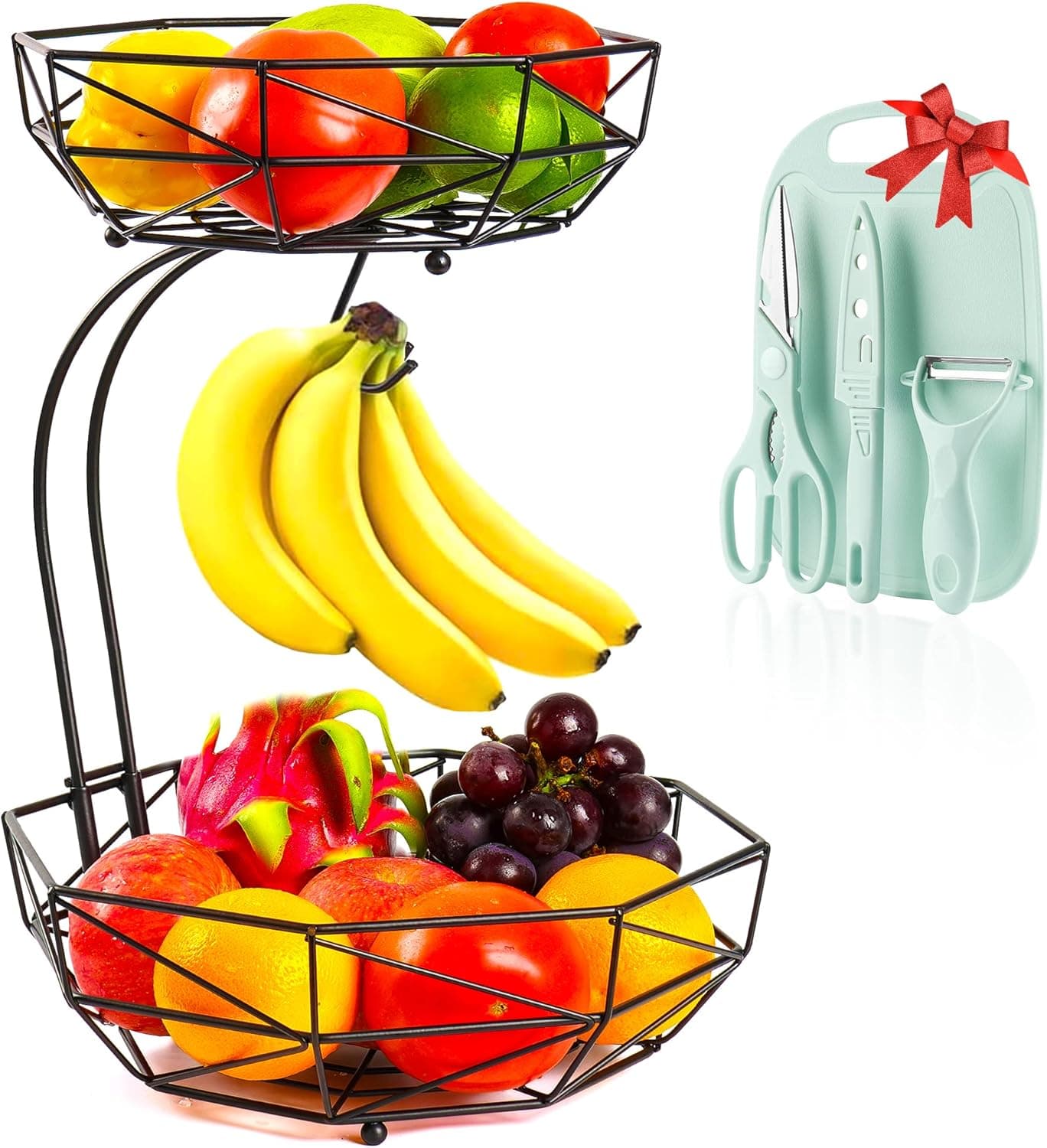 NESSTU Fruit Basket With Banana Hanger, 2 Tier Fruit Basket for Kitchen Fruit Bowl for Kitchen Counter Multifunction Detachable Metal Banana Holder Stand, Come With Kitchen Four-piece Set