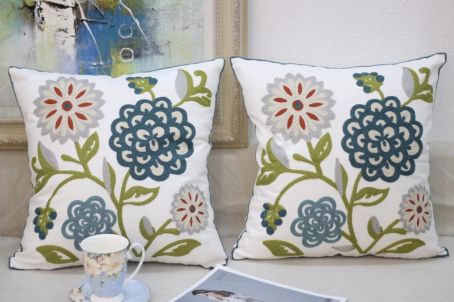 Flower Embroidered Throw Pillow Covers Farmhouse Outdoor Spring Decorative Pillowcases 18x18 Modern Cushion Cover for Couch Sofa Bed Room 2 Pcs