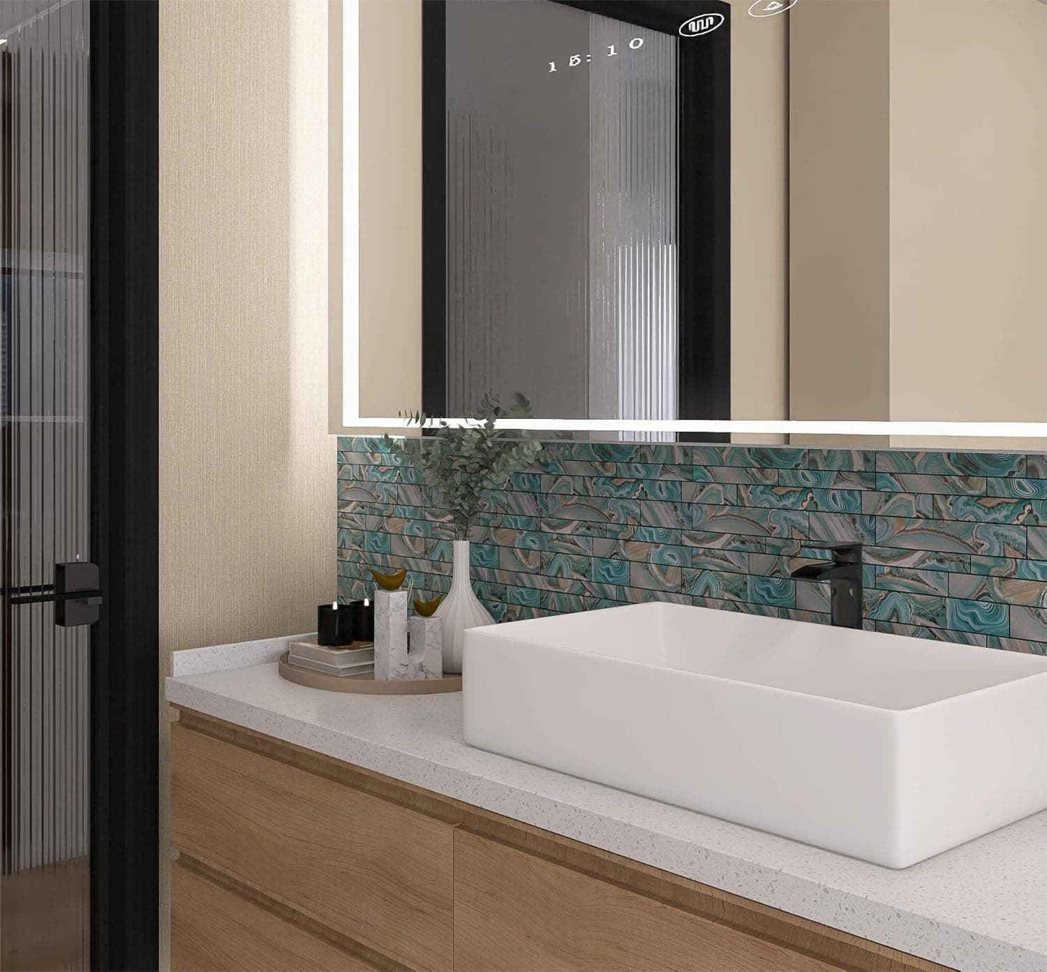 Kieacia 10-Sheet Peel and Stick Kitchen Backsplash Tiles, PVC Self-Adhesive Mosaic Tile Faux Green Onyx Color for Kitchen Bathroom Vanity Tabletop Fireplace