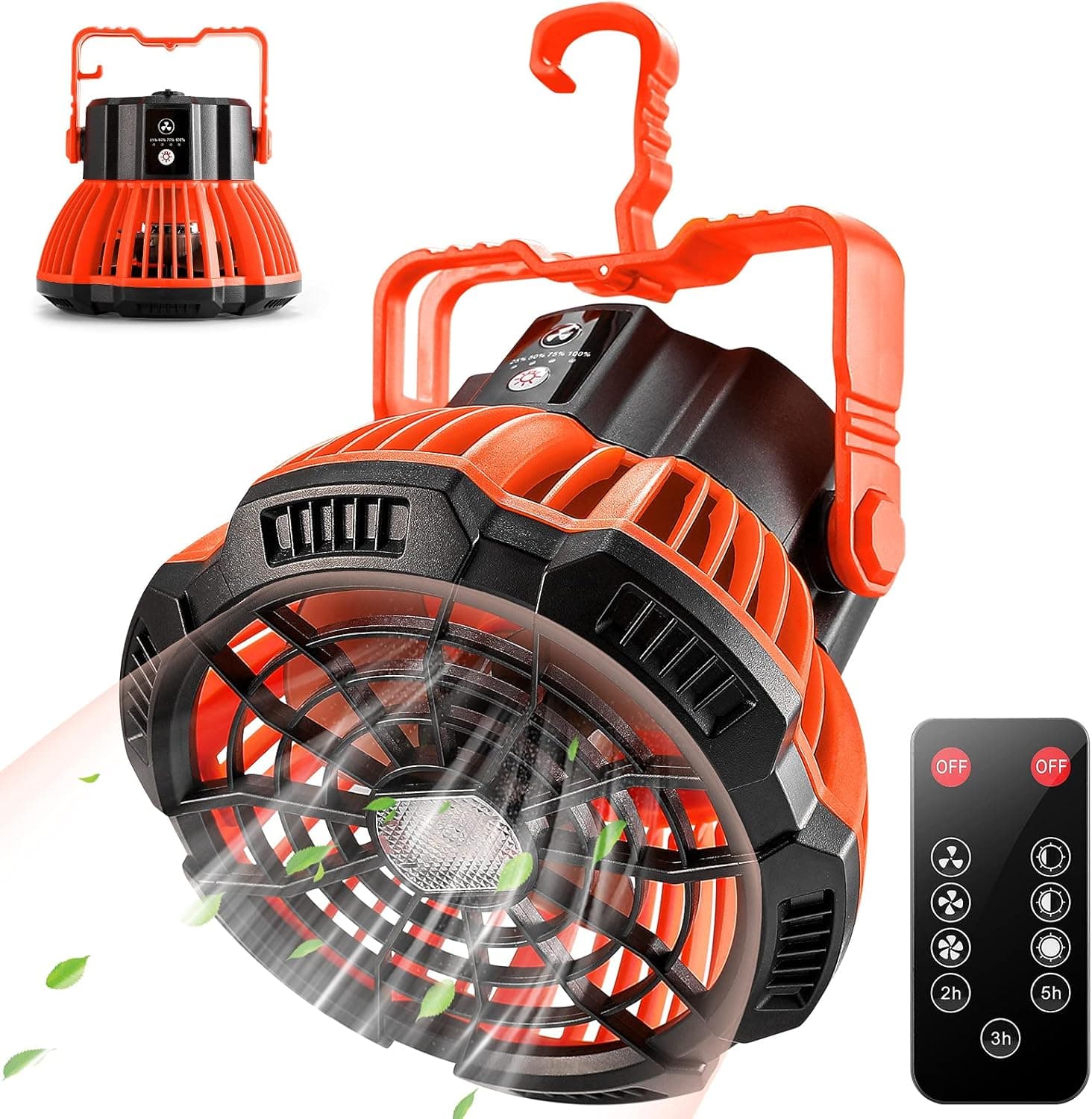 FCXJTU Camping Fan with LED Lights, Portable Tent Fan with Hanging Hook Remote Control 3 Level Wind & Light, 5200Mah Rechargeable Battery with USB Cable for Outdoor, Home & Office