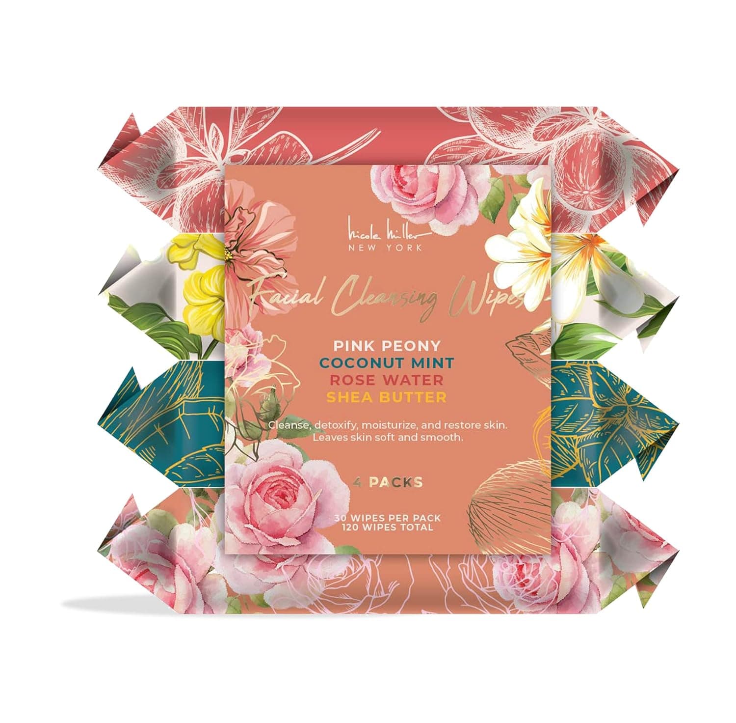 Nicole Miller 4 Pack Facial Cleansing Wipes (Pink Peony, Coconut Mint, Rose Water, and Shea Butter)