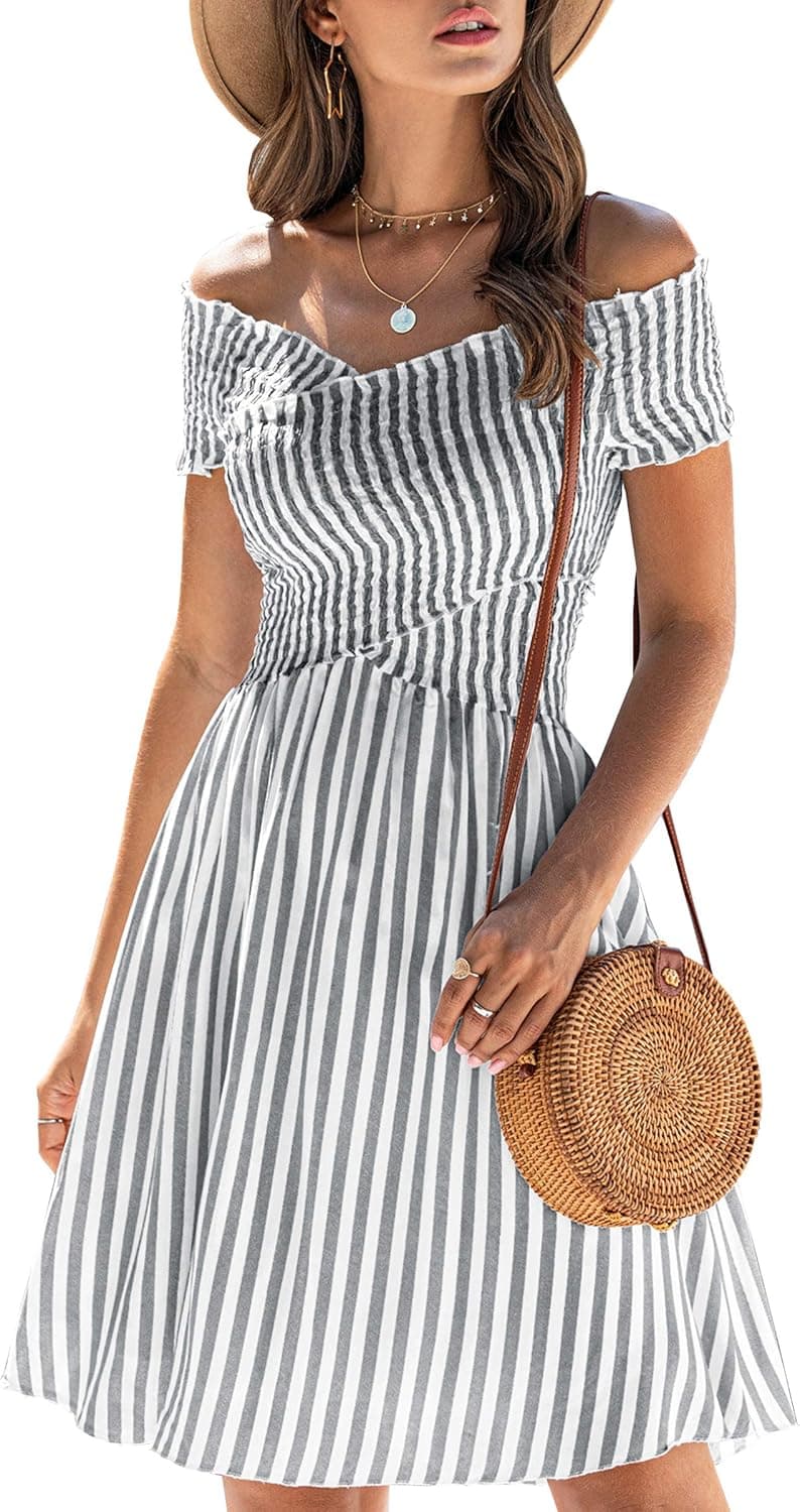 ECOWISH Womens Striped Dress Off The Shoulder Short Sleeve Backless Cocktail Skater Dresses Black X-Large