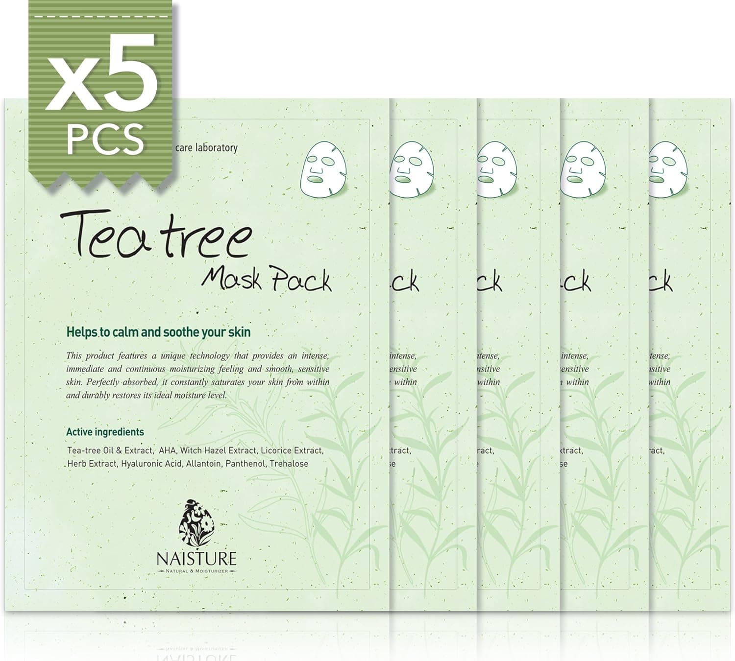 Naisture Facial Sheet Mask Face Treatment (5 Pack) Pure 100% Cotton, Smooth & Moisturizing, Calm and Soothe Irritated All Types of Skin for Enhanced Clarity, 24mL Made in Korea - Tea Tree