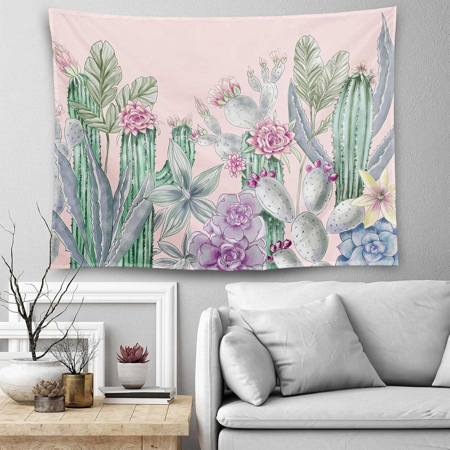 Cactus Tapestries Wall Hangings Cactus Watercolor Landscape Tapestry Dark Pink Succulent Wall Tapestry For Bedroom Living Room Decor 60 X 50 Inches