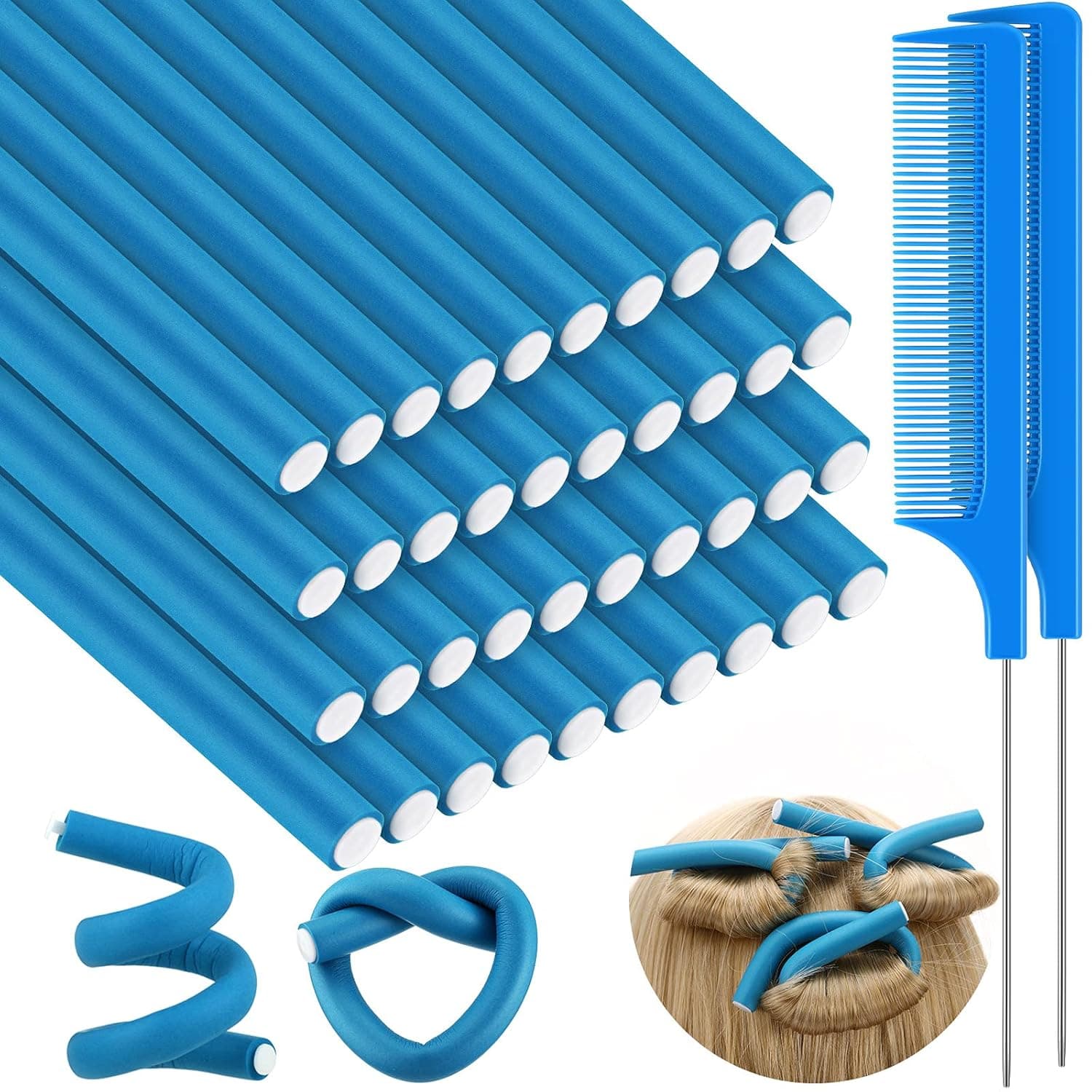 40 Pieces Flexible Curling Rods Twist Foam Hair Rollers Soft Foam No Heat Hair Rods Rollers and 2 Pieces Steel Pintail Comb Rat Tail Comb for Women Girls Long and Short Hair (Blue,0.47 x 9.4 Inch)