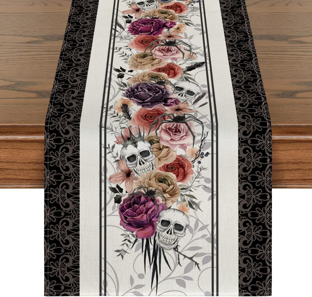 Artoid Mode Roses Skulls Day of The Dead Table Runner, Silhouette Halloween Fall Kitchen Dining Table Decoration for Outdoor Home Party 13x72 Inch