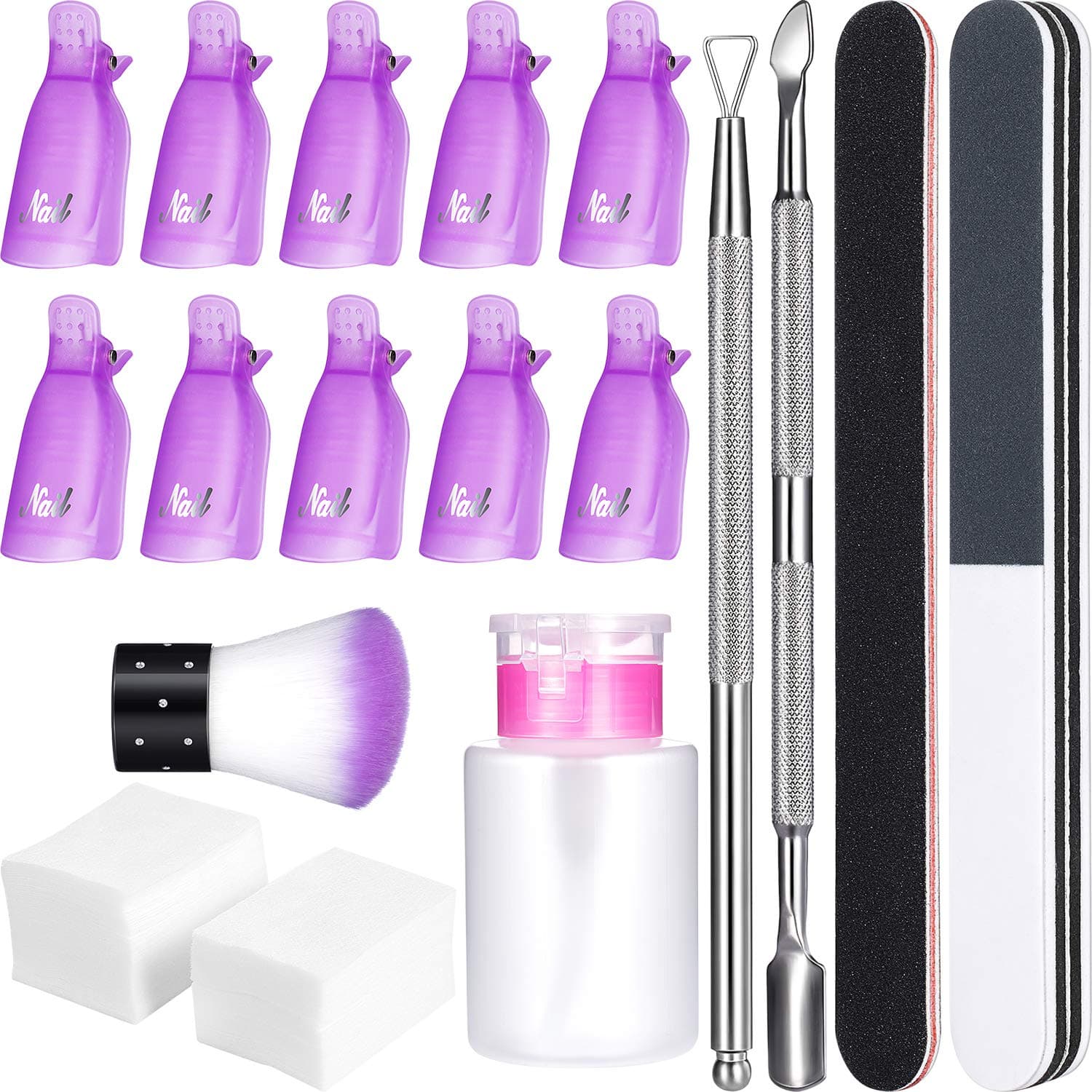 Gel Nail Polish Remover Kit, 420 Pieces Wipe Pads, 10 Pieces Nail Clips Caps, 3 Pieces Nail File, Triangle Cuticle Pusher and Cutter Set, Nail Brush, Push Down Pump Dispenser Bottle (Purple)