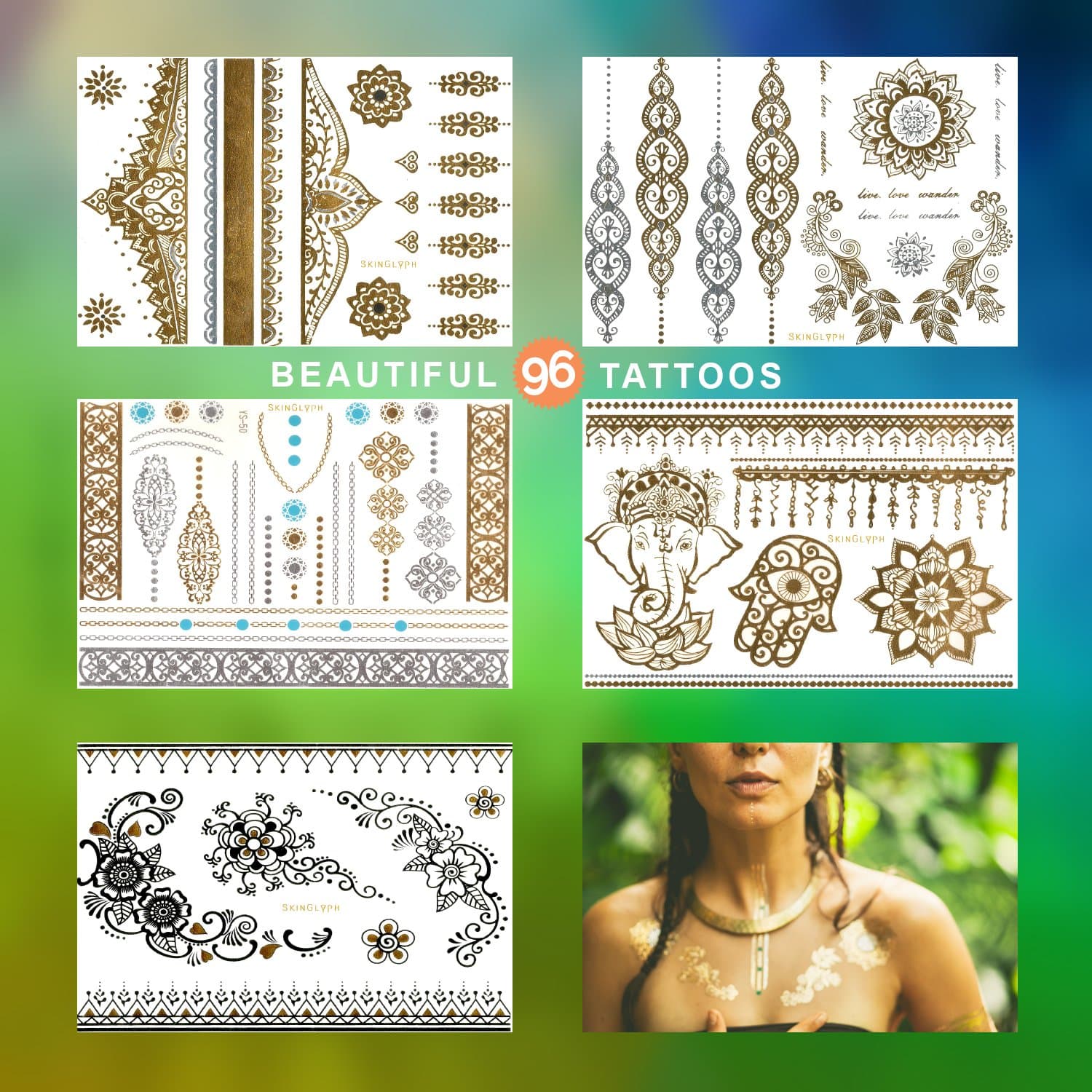 Temporary Tattoos Metallic Silver Gold - Jewelry Tats - 5 Sheets, 96 Designs