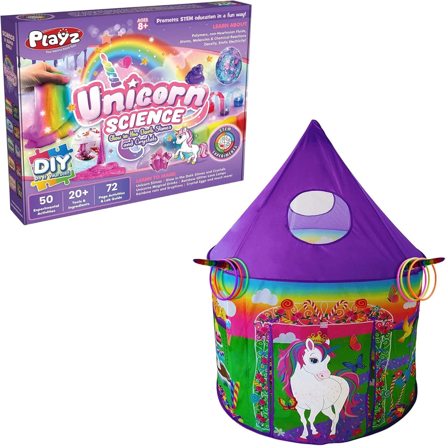 Playz Unicorn Toys Kids Play Tent & Unicorn Slime & Crystals Science Kit Gift for Girls & Boys - Indoor & Outdoor Pop up Playhouse Set & 50+ Experiments to Make Fluffy Slime, Crystals, Arts & Crafts