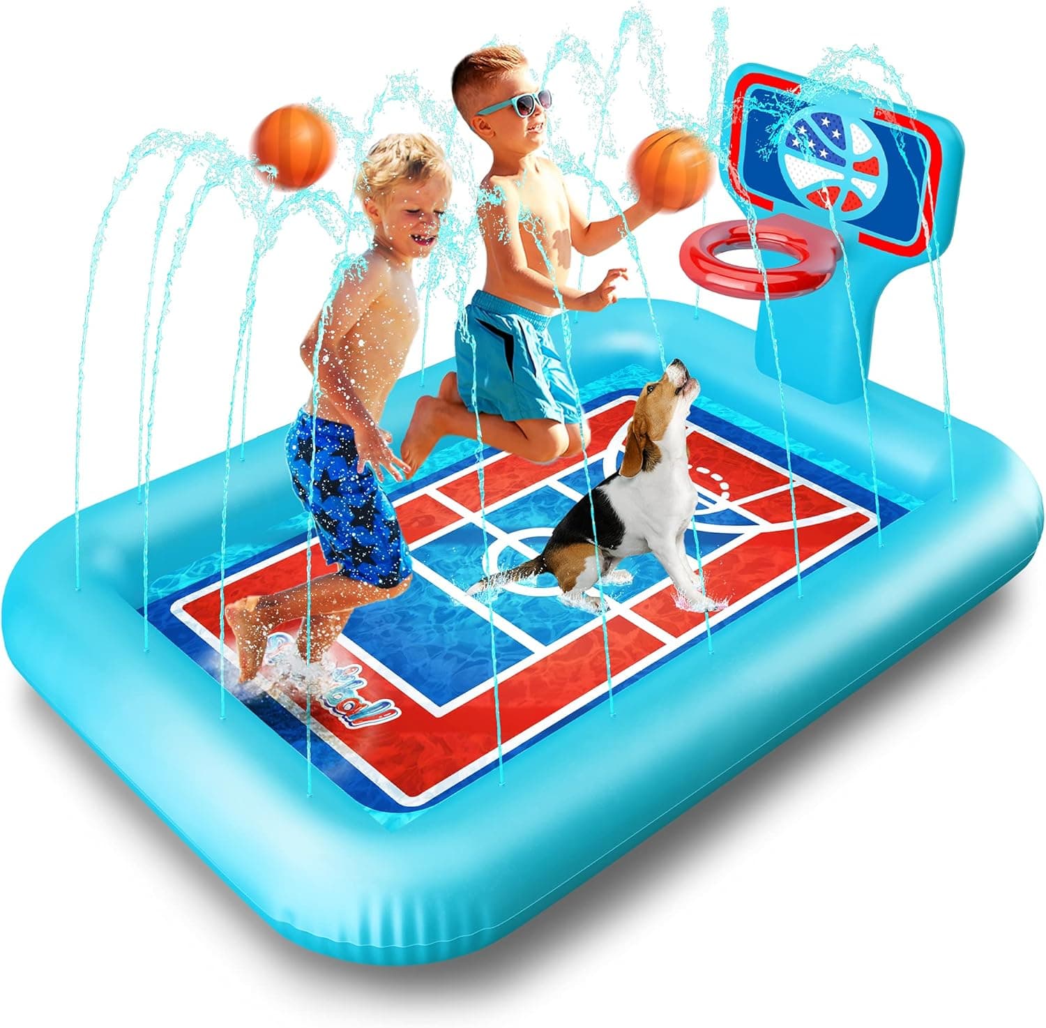 Splashie Splash Pool with Sprinkler System, Hoop and 2 Inflatable Basketballs - Splash Pad for Kids - Kids Summer Toys and Water Toys - Inflatable Sprinkler Mat for Outdoor Play - 82" XXL (Blue)