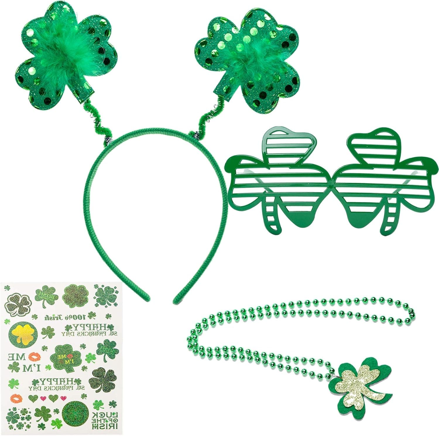 Funnlot St Patrick's Day Accessories Set Saint Paddy's Day Party Supplies Include Glitter Irish Shamrock Headband Shamrock Glasses Sparkling Necklace Bling Temporary Tattoo St Patrick's Day Favors