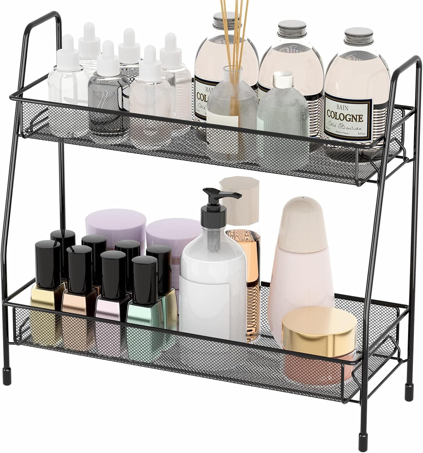 EKNITEY Spice Rack Organizer for Countertop, 2 Tier Bathroom Shelf, Desktop Makeup Organizer, Small Storage Rack for Kitchen, Bath Room, Bedroom and Office (Black)