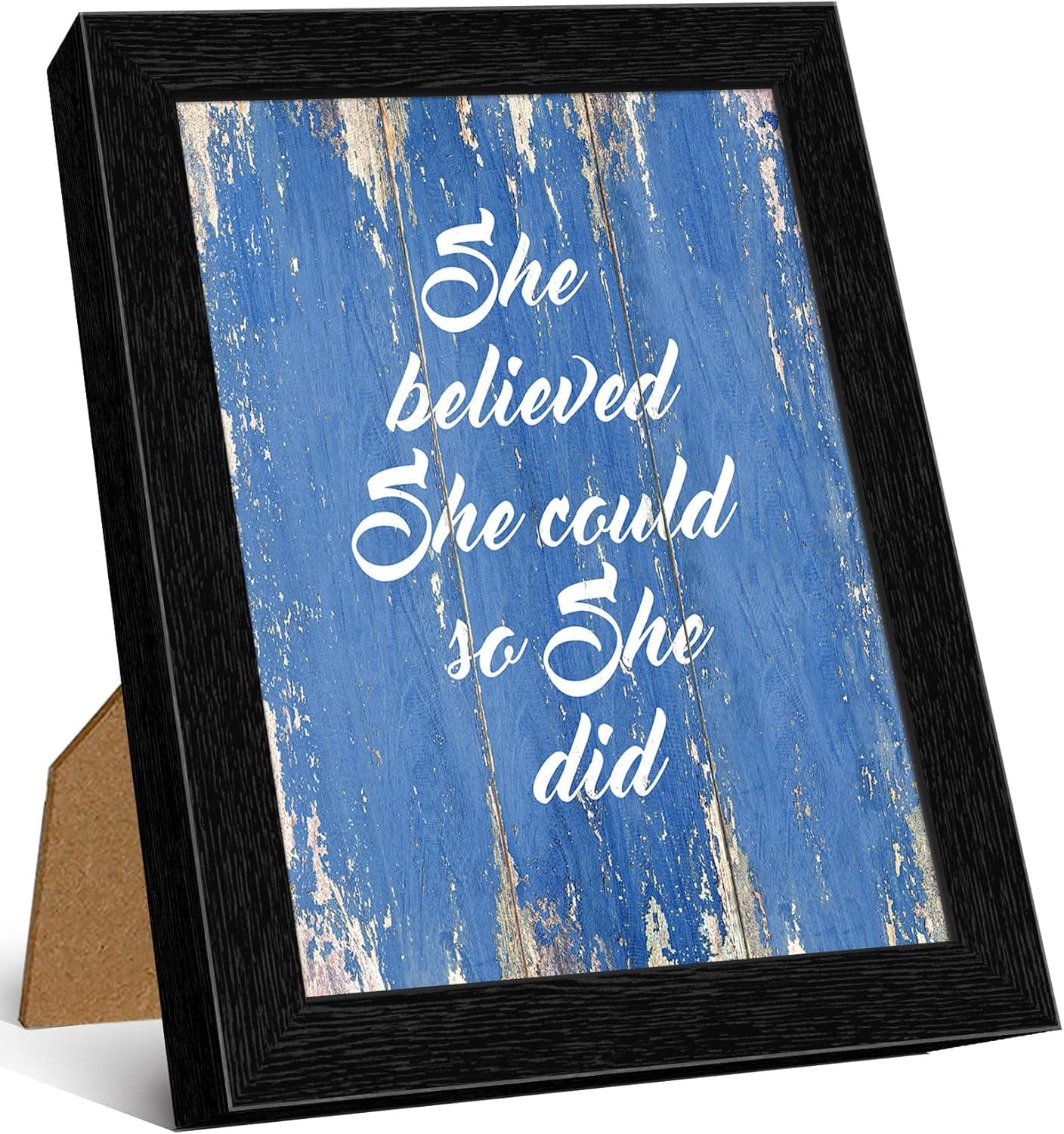 She Believed She Could So She Did - FRAMED - Quote Motivational Wall Art Canvas Print Home Decor, Black Real Wood Frame, Blue, 7x9