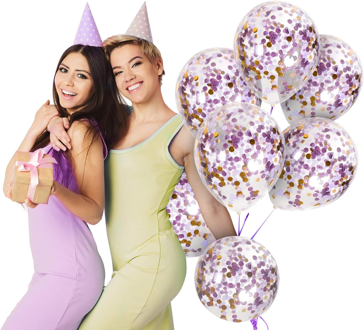 Treasures Gifted Purple & Gold Confetti Balloons - Clear Confetti Balloons - 12" Round Confetti Balloons for Birthday Parties - Clear Balloons with Gold Confetti Inside - 12 Pack