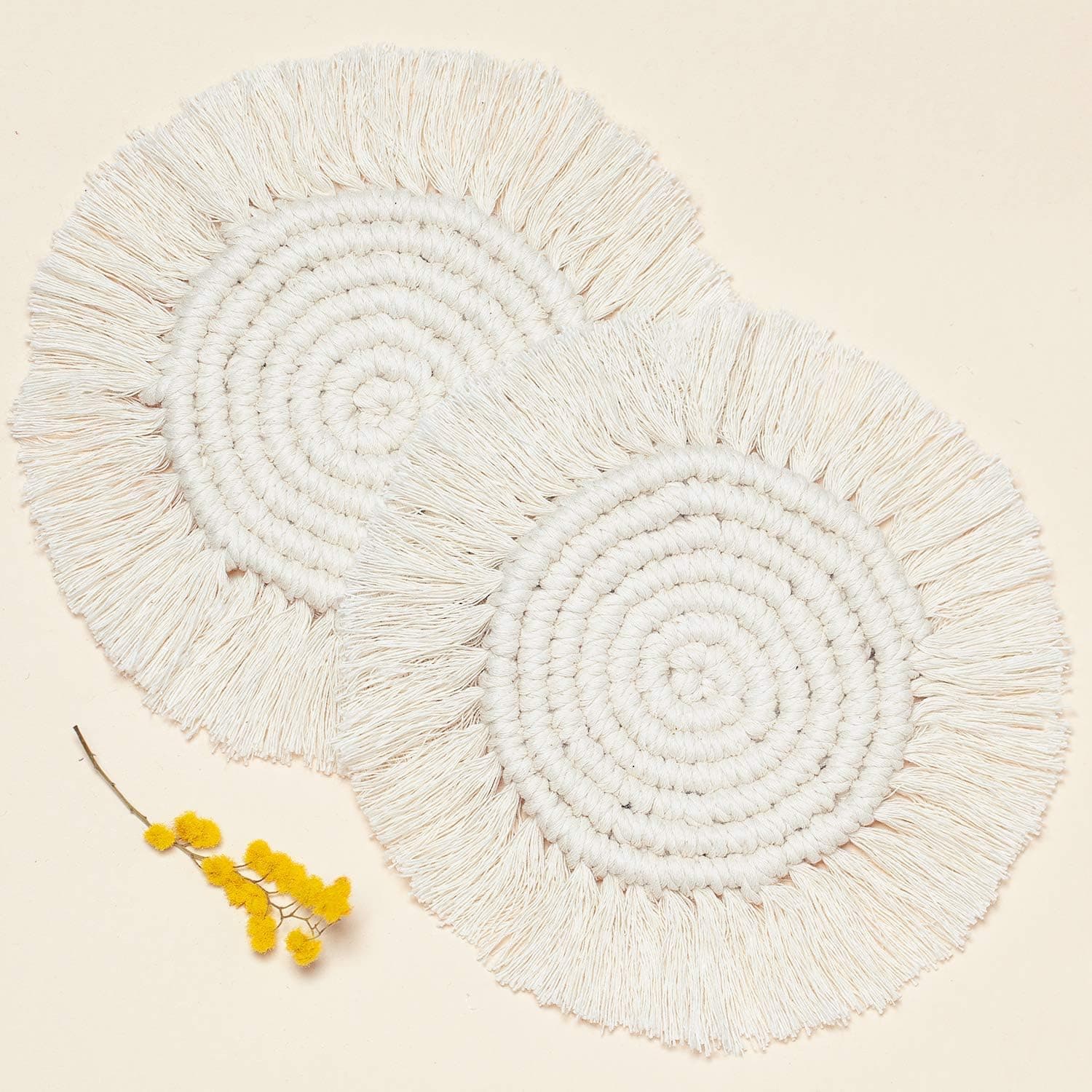 lavivie Macrame Coasters Woven Boho Handmade Absorbent Placemats, for Desk Table Kitchen Dining Room Drink Picnic Housewarming Home Decor Rattan Wicker Bamboo1 (Marshmallow (Set of 2))