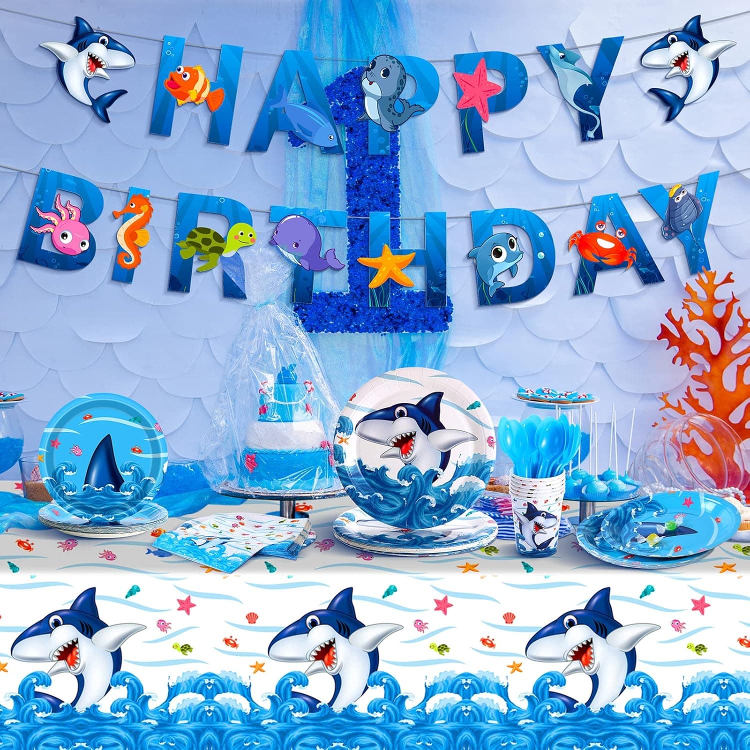 114 Pieces Shark Party Supplies Set Includes Shark Plates Napkins Cups Banner Tablecloth Knives Forks Spoons Blue Ocean Shark Party Favors Serves 16 for Boys Girls Kids Birthday Party Decorations