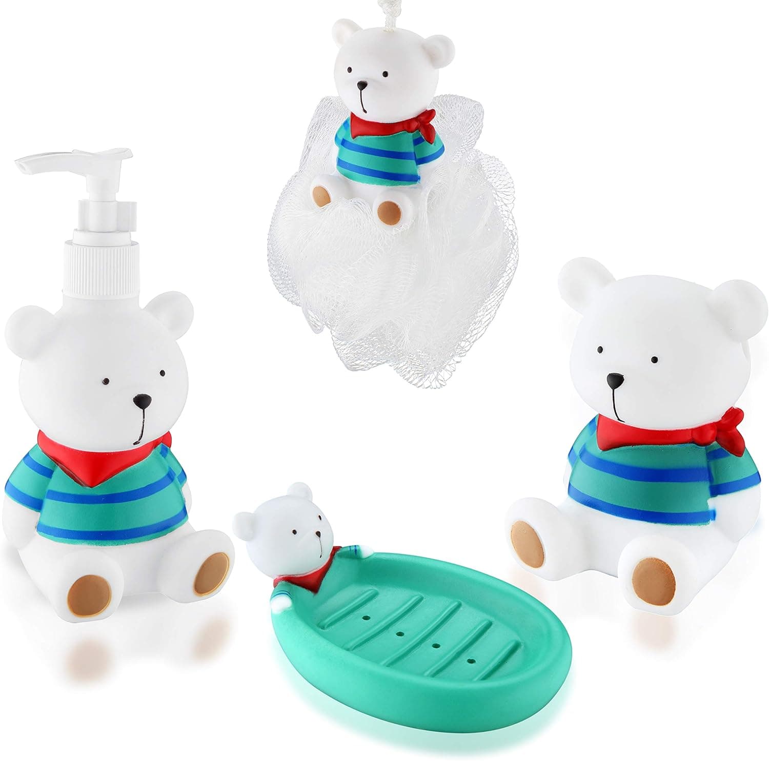 Hand Soap Dispenser for Kid (bearset),Fun Bathroom Accessories Set for Children (4-Piece) Includes Lotion soap Dispenser, Toothbrush Holder, Soap Holder and Bathing Ball. Cute Cartoon White Bear Animal Theme Bath Set for Kids