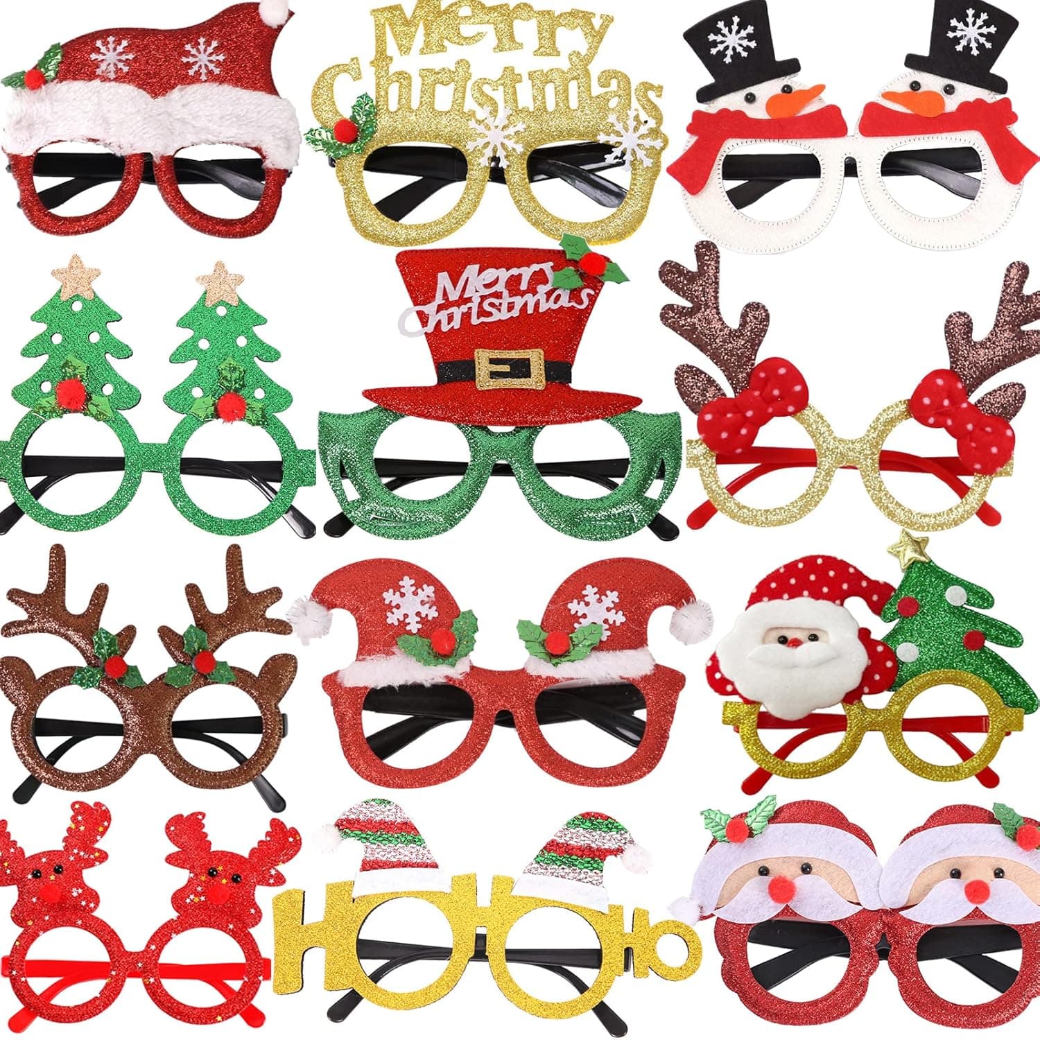 Dumcondy 12PCS Funny Birthday santa reindeer Glitter Party Glasses Frames Xmas Christmas Decoration Costume Eyeglasses Eyewear vacation Holiday Favors Photo Booth props Gifts (One Size Fits All)