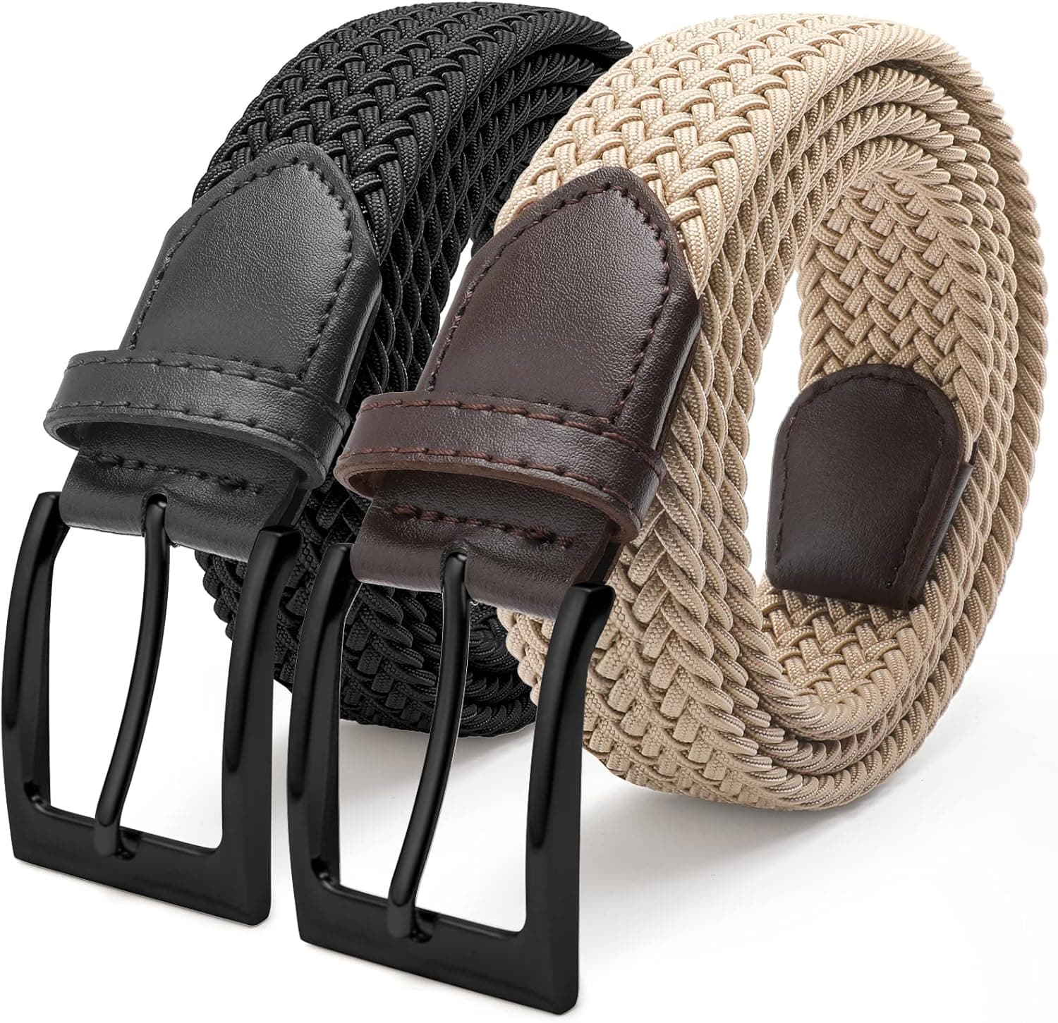 FAIRWIN Stretch Belts for Men 2 Pack Elastic Braided Golf 1.3" Woven Casual Men’s Belts No Hole for Jeans Pants