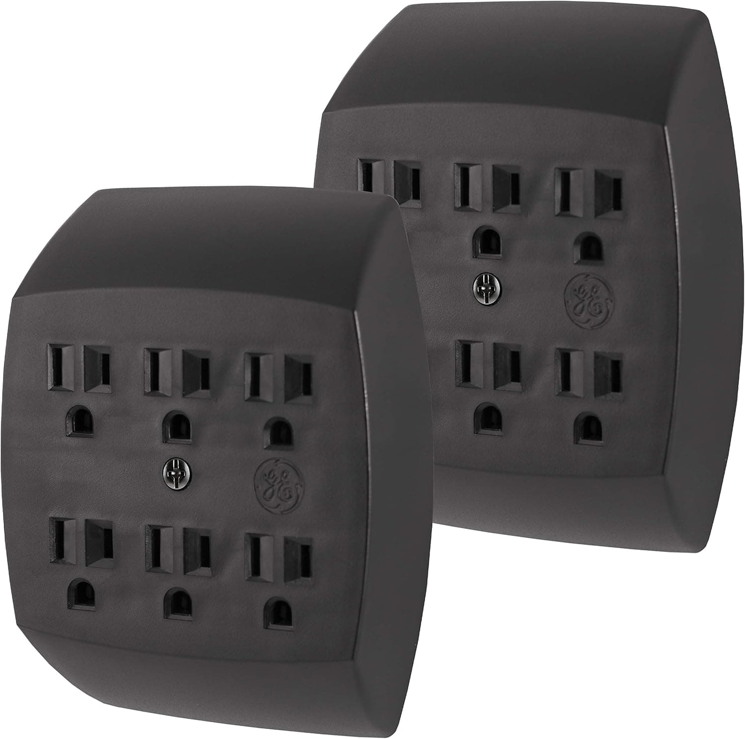 GE 6-Outlet Extender Wall Tap, 2 Pack, Grounded Adapter, Charging Station, 3-Prong, Secure Install, UL Listed, Black, 57318