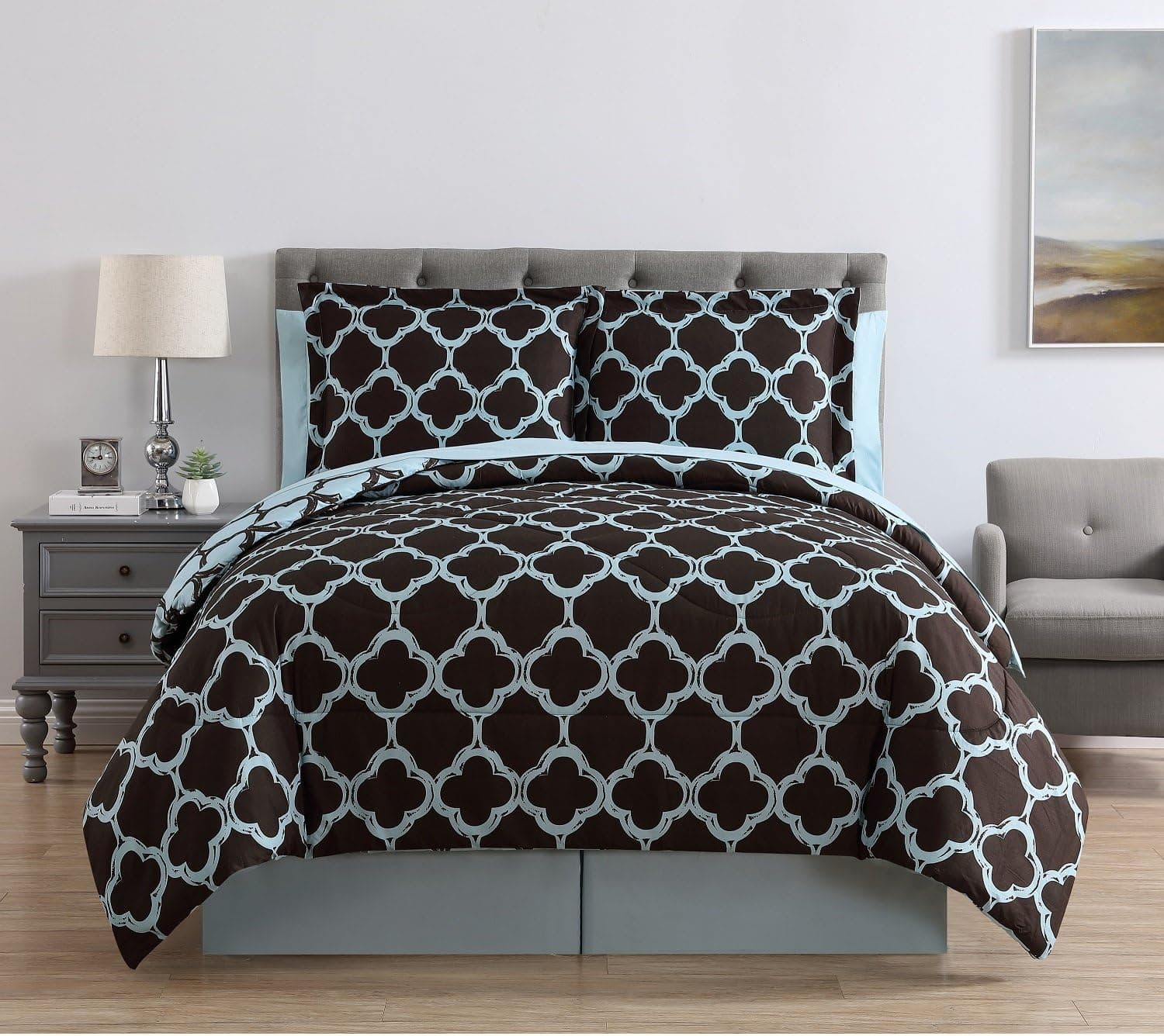VCNY Home Galaxy Collection Comforter Soft & Cozy Bedding Set, Stylish Chic Design for Home Décor, Machine Washable, Queen, Blue/Chocolate, 8 Piece