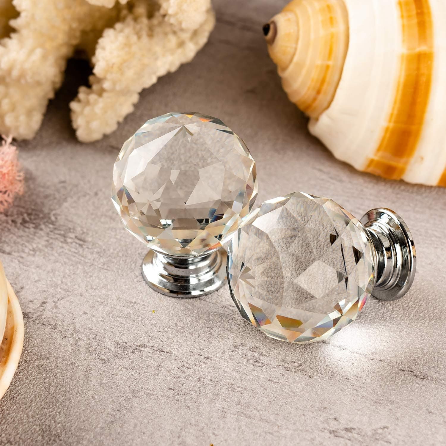 24 Pack Crystal Knobs, 30 mm(1.2 in) Round Diamond Shape Crystal Knobs for Drawer Dresser, Metal Base, Clear ( with 22mm,25mm,45mm Breakaway Screws)