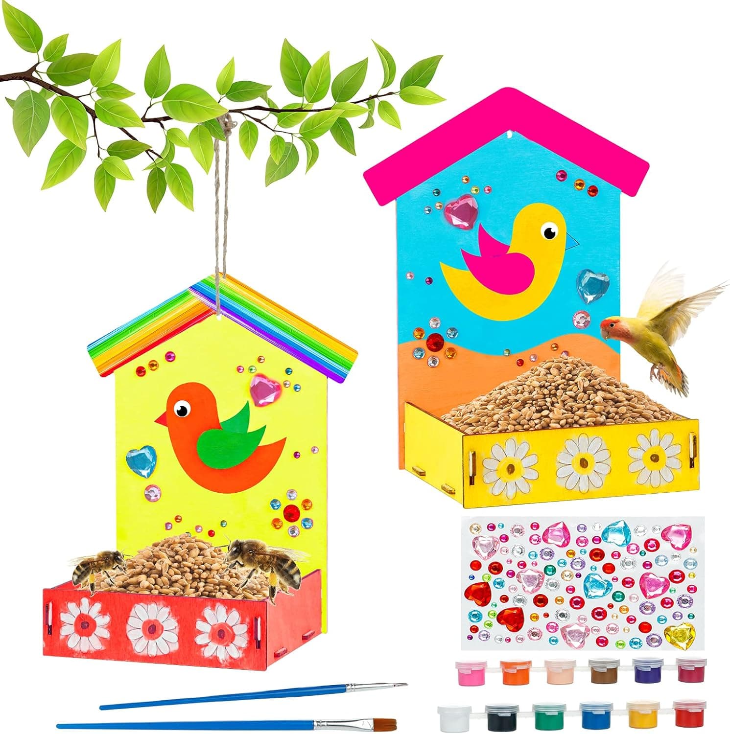 Wooden Arts and Crafts for Kids, 2-Pack Make Your Own Bird Feeder Painting Kit with Diamond Stickers, Educational Fun Kids Craft for Girls Boys Age 3-5 4-8 8-12, Welcome Birdies to Your Yard