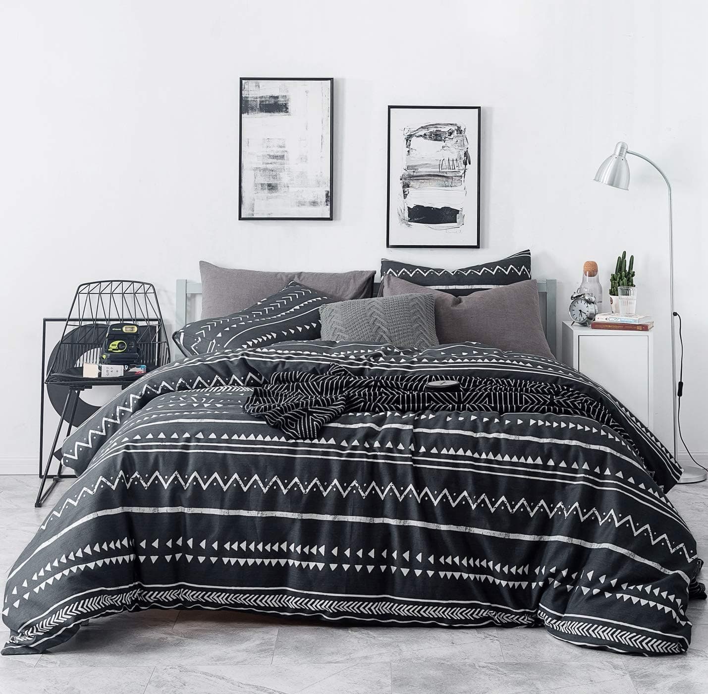 SUSYBAO Black Geometric Duvet Cover Queen 100% Cotton Boho Aztec Duvet Cover Set 3 Piece 1 White Bohemian Duvet Cover with Zipper Ties 2 Pillow Cases Luxury Soft Aztec Geometric Bedding Set Breathable
