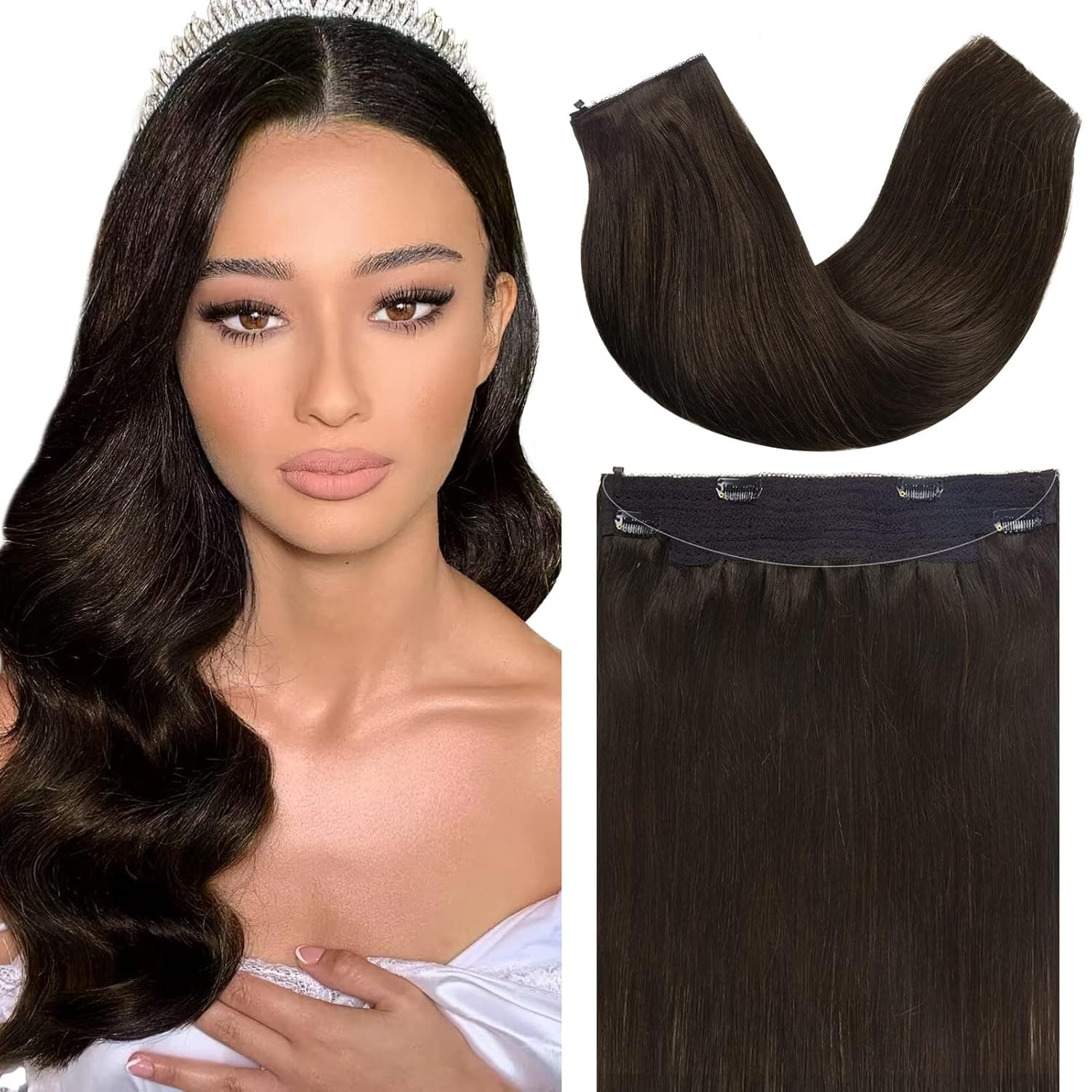 Anrosa Fish Line Hair Extensions Real Human Hair 18 Inch 95g Natural Black Hair Extensions Real Human Hair Wire Hair Extensions Transparent Headband Adjustable Size Removable Secure Clips