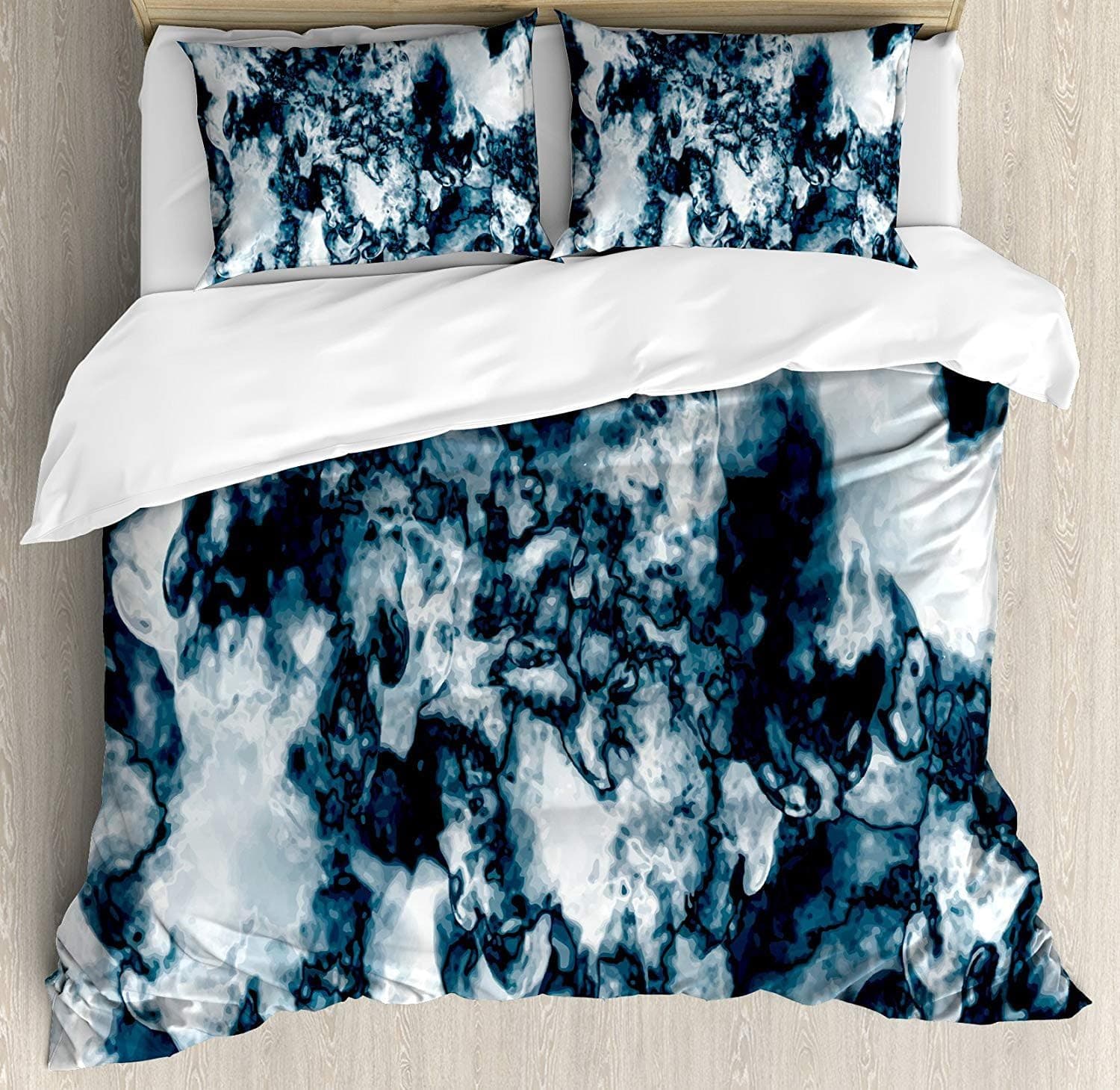 Marble Bedding 4pc Microfiber Duvet Cover Set, Unusual Gemstone Onyx Rock Nature Pattern with Vintage Paintbrush Effects, Slate Blue Pearl Ultra Soft Washed Lightweight Bed Set Full