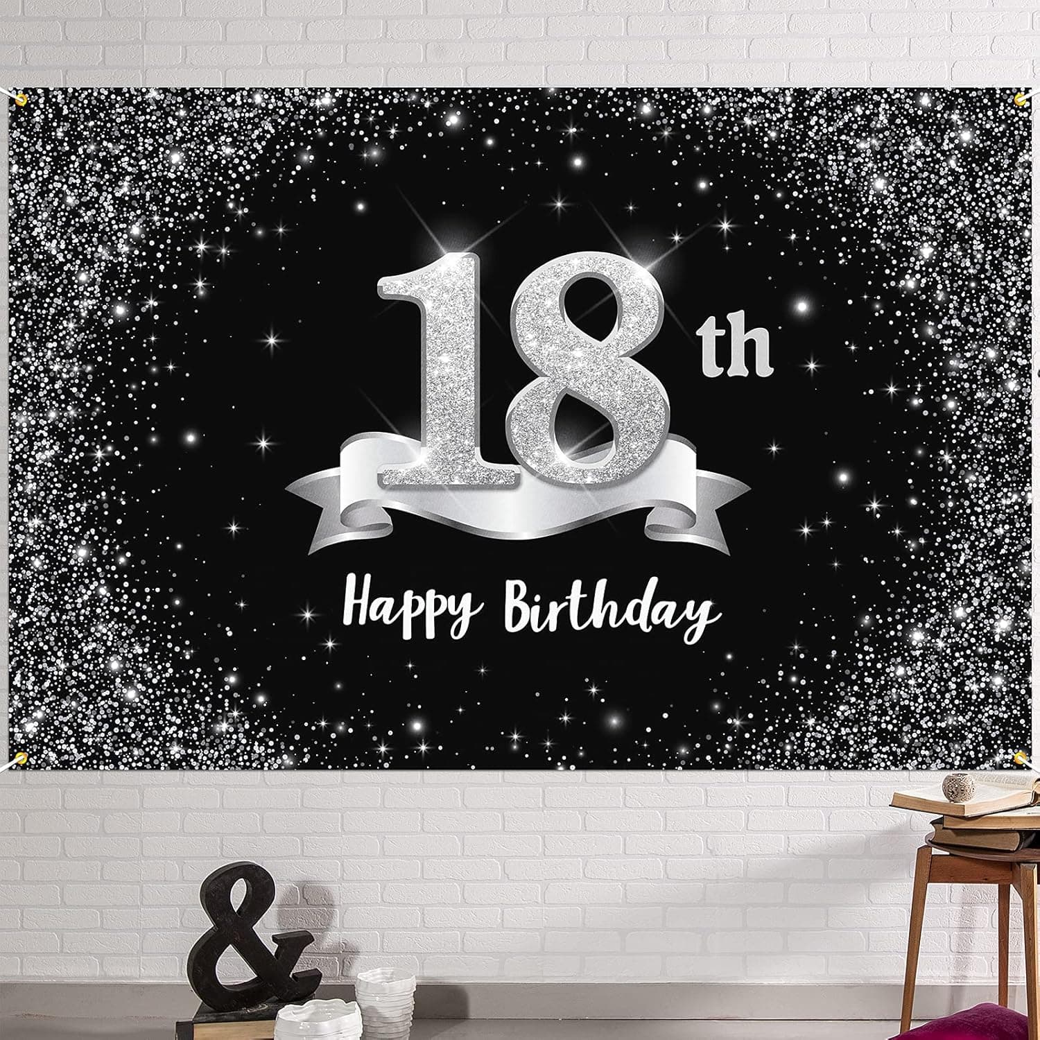 HAMIGAR 6x4ft Happy 18th Birthday Banner Backdrop - 18 Years Old Birthday Decorations Party Supplies for Girls Boys - Black Silver