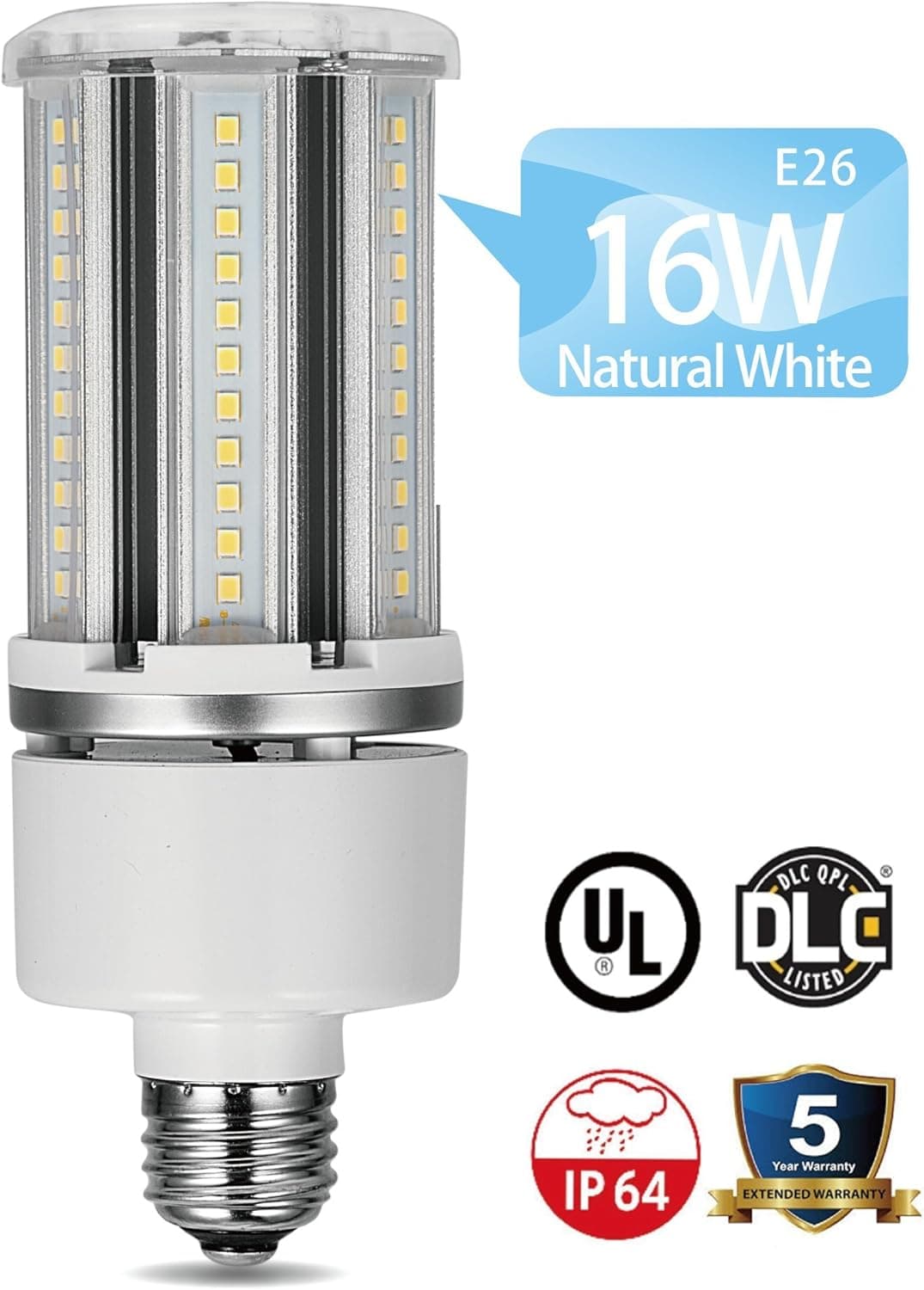 16W LED Corn Light Bulb,E26 Medium Screw Base,Metal Halide HID HPS Replacement,5000K 2080-2160 LM Natural White for Indoor Home Decorative,UL Listed