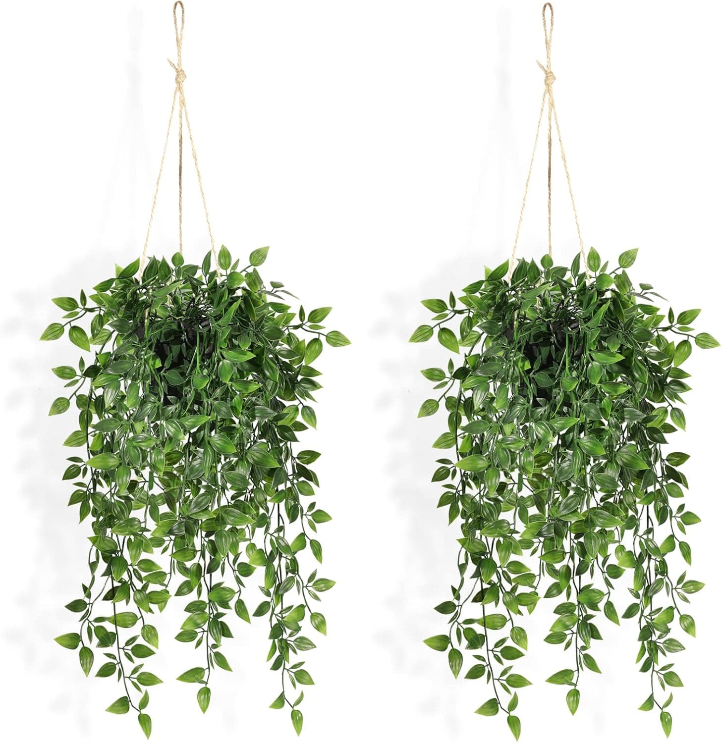 Fake Hanging Plants Indoor - 2 Pack Faux Greenery Plants for Home Decor Artificial Potted Vines with Black Plastic Planter for Bedroom Living Room Garden Front Porch Table Shelf Wall Decoration