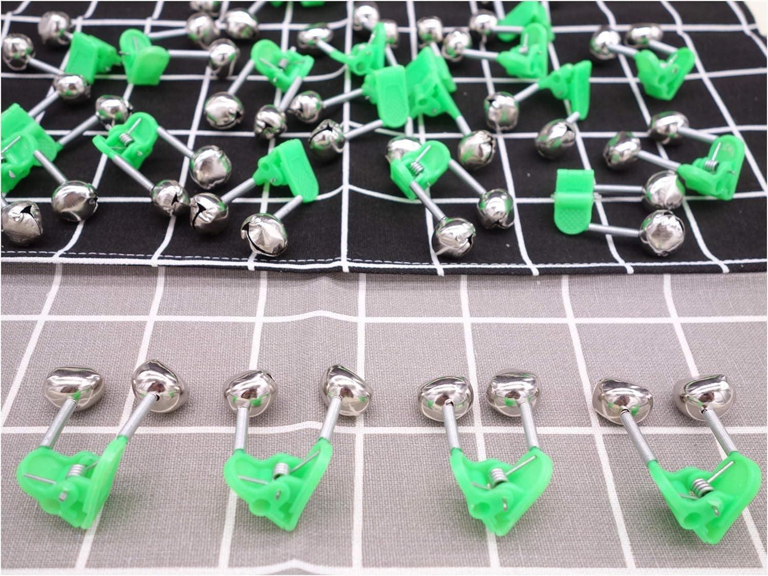CADEVED Pack of 24 Fishing Rod Alarm Dual Alert Bells Green Silver Tone Bite Indicators