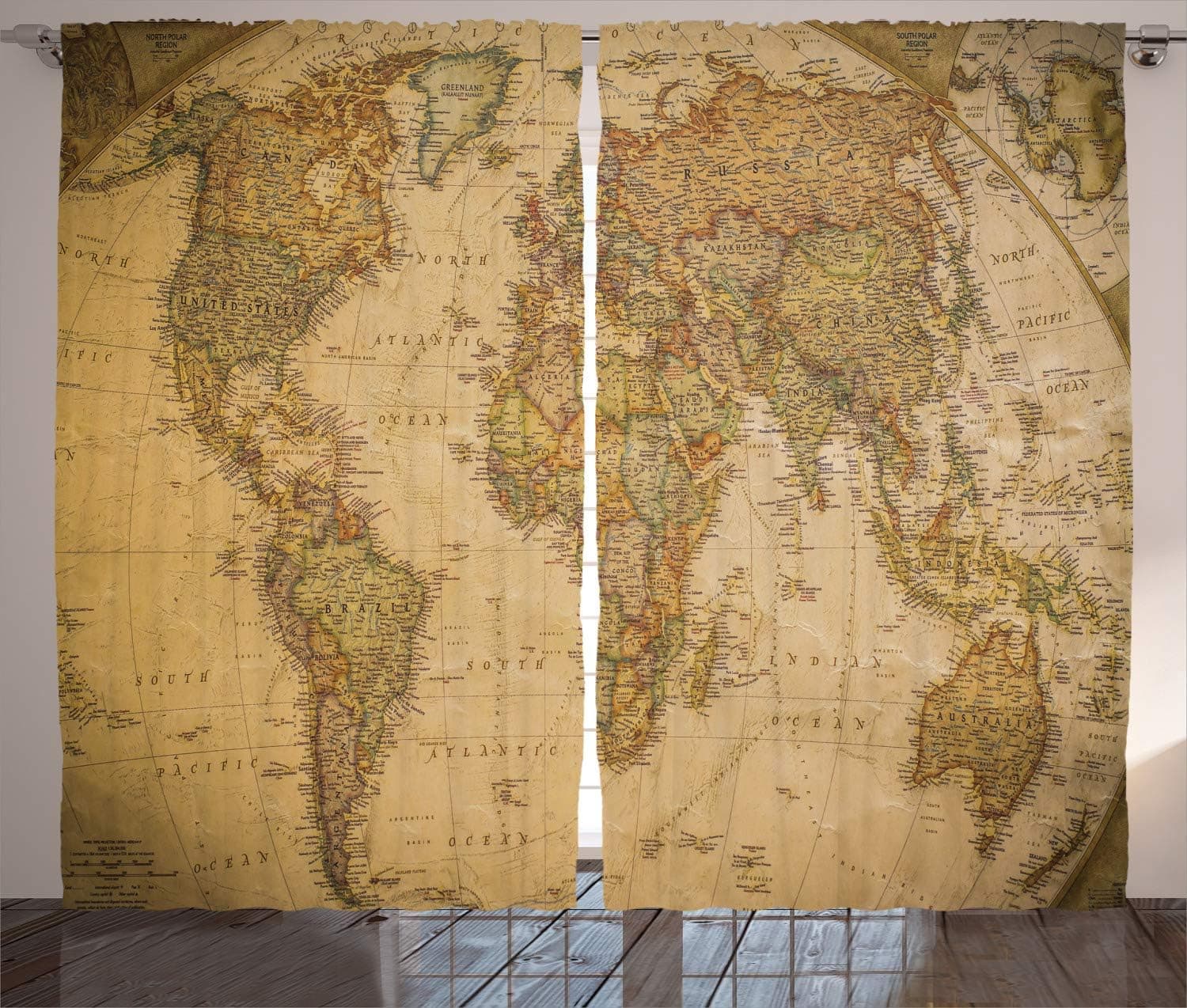 Ambesonne World Map Curtains, Anthique Old World Map in Retro Colors Vintage Nostalgic Design Art Print, Living Room Bedroom Window Drapes 2 Panel Set, 108" X 84", Coffee Cream