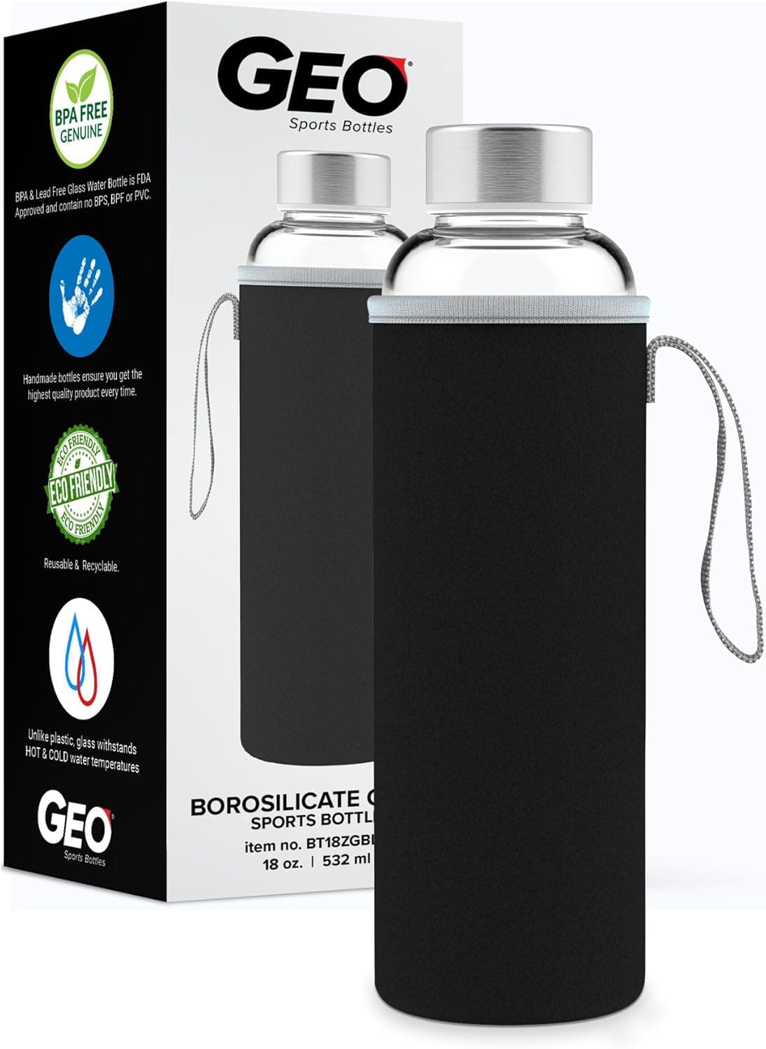 GEO BPA-Free Glass Water Bottle 18-Ounce (Black)