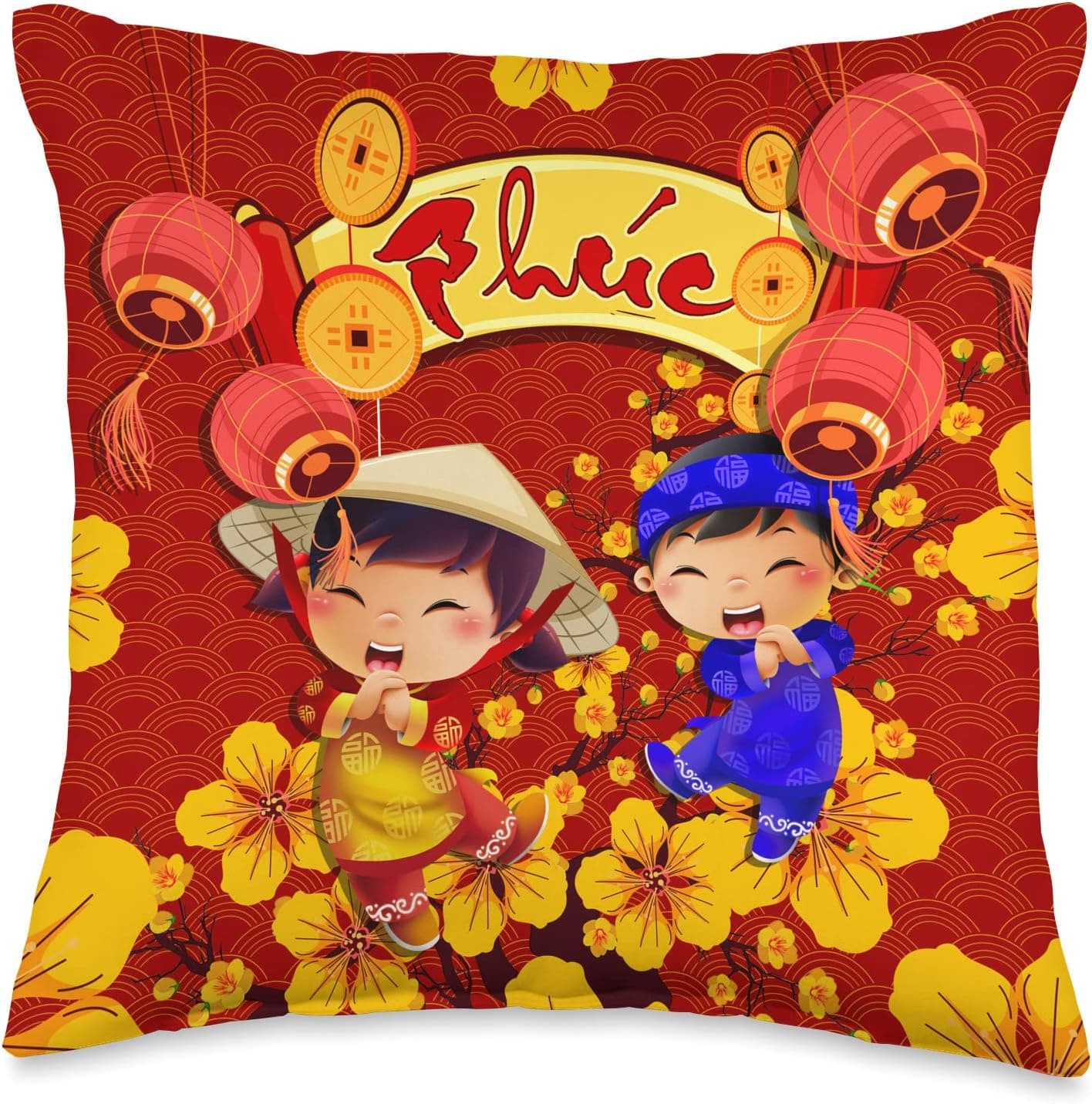 Vietnamese Tet Decoration Phuc Loc Tho Tet 2023 Phuc Loc THO Vietnamese TET Boy Girl Lunar New Year Throw Pillow, 16x16, Multicolor