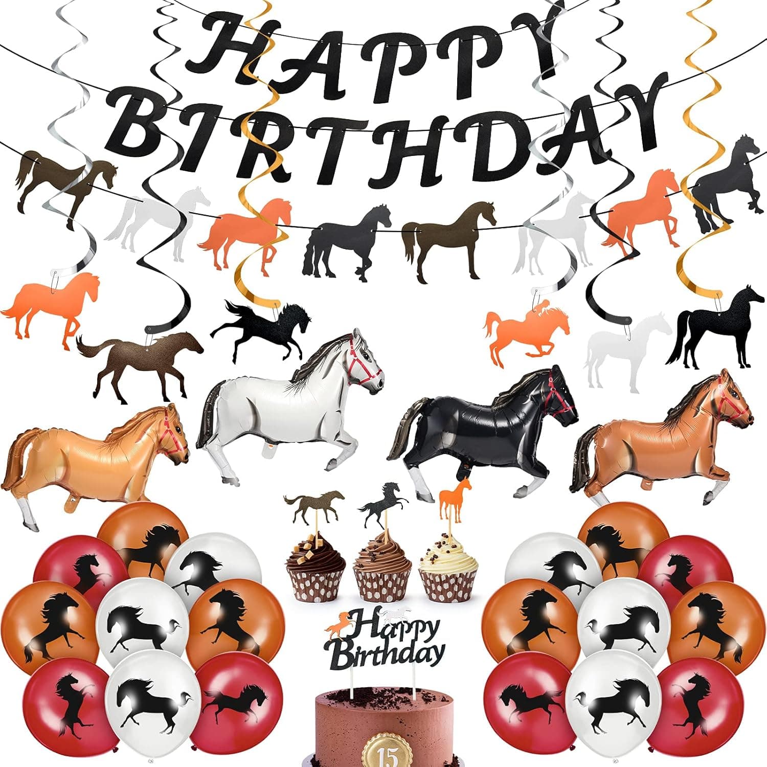 44 Pieces Horse Birthday Party Decoration Set, Including Horse Happy Birthday Banner Horse Spiral Hanging Decor Cupcake Topper and Derby Horse Balloon for Horse Racing Birthday Cowboy Party Decoration