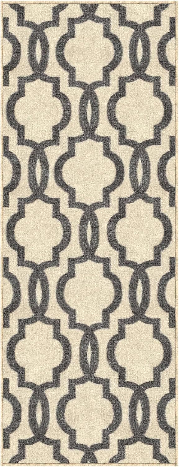 Kapaqua Custom Size Ivory Moroccan Trellis Rubber Backed Non-Slip Hallway Stair Runner Rug 22in X 1ft
