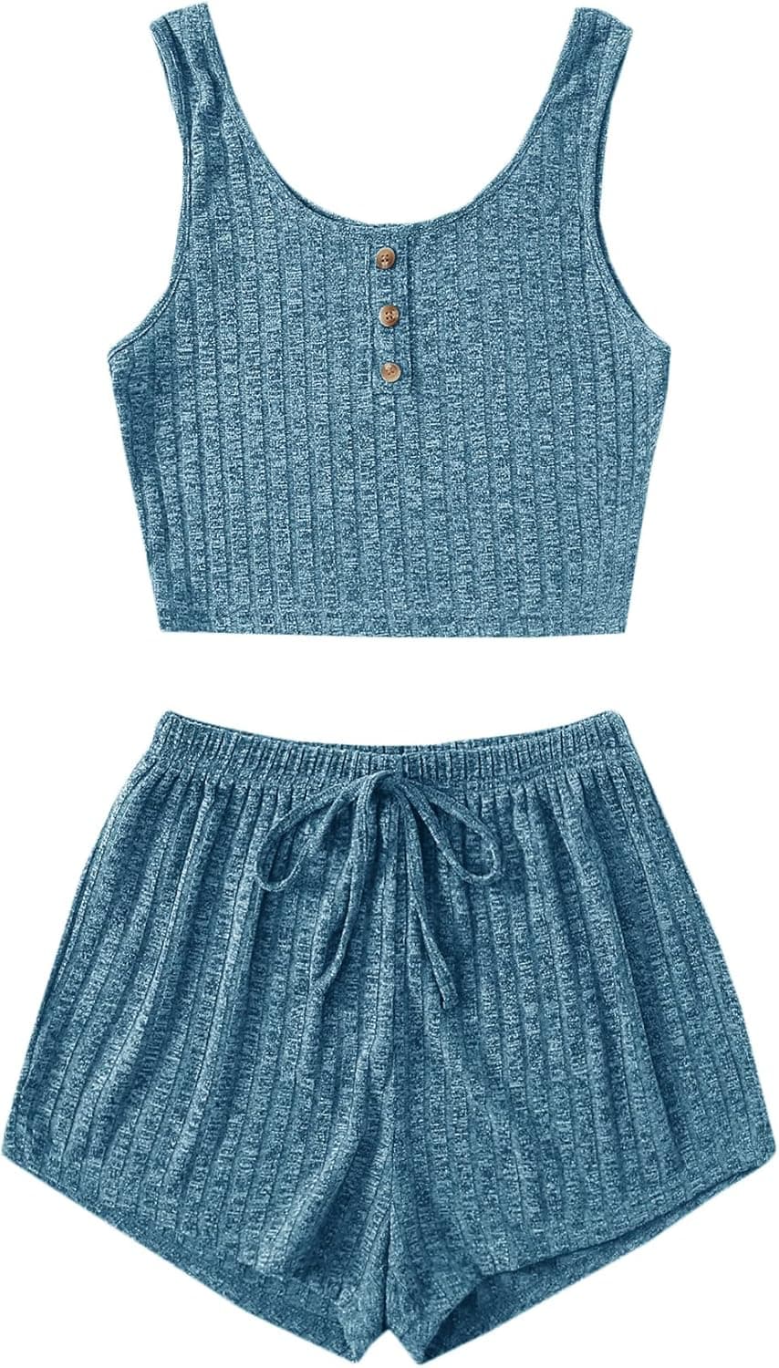 SheIn Women's 2 Piece Sleeveless Button Crop Tank Tops and Shorts Lounge Set