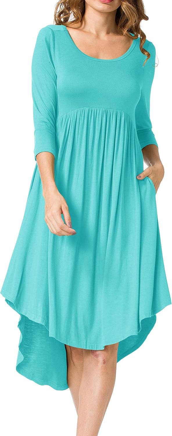 LILBETTER Women's Scoop Neck Pockets High Low Pleated Loose Swing Casual Midi Dress