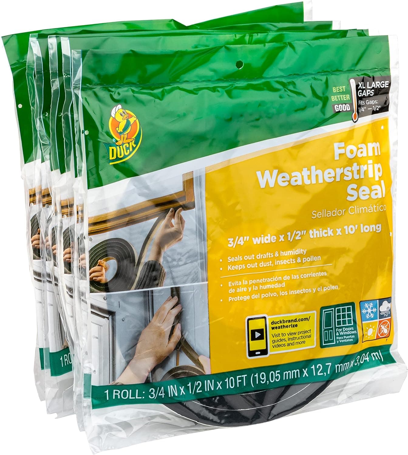 Duck Brand Foam Weatherstrip Seals for XL Gaps, 0.75 in. x 0.5 in. x 10 ft, Black, 6-Rolls (288072)