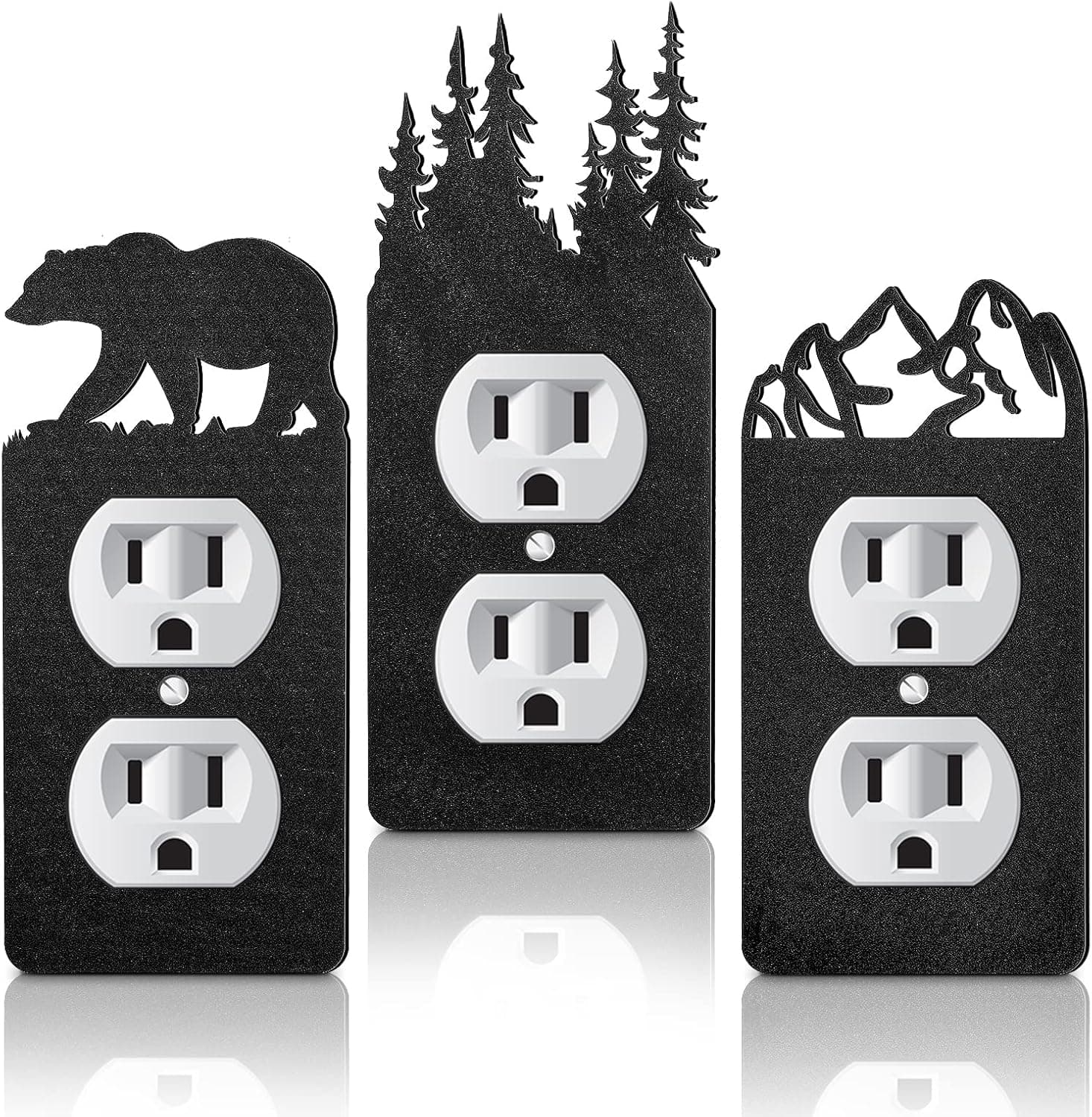 3 Pieces Bear Light Switch Cover Plate Black Outlet Plate Cover Bear Forest Mountain House Outlet Cover Wall Light Plate Cover Decorative for Office Bedroom Home, Duplex Toggle (Bear, Tree, Mountain)