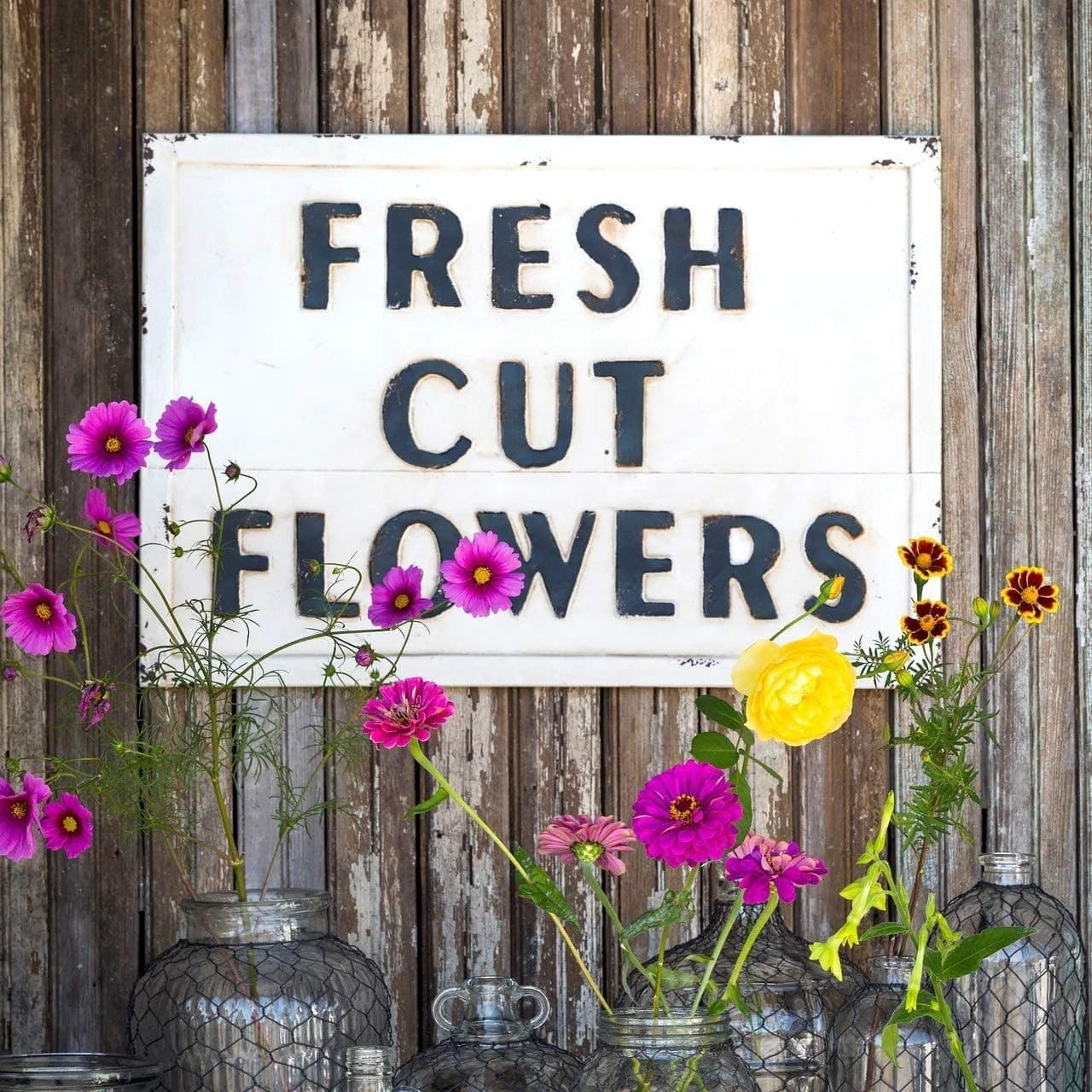 Rustic Farm Home Embossed Metal Fresh Cut Flowers Sign New