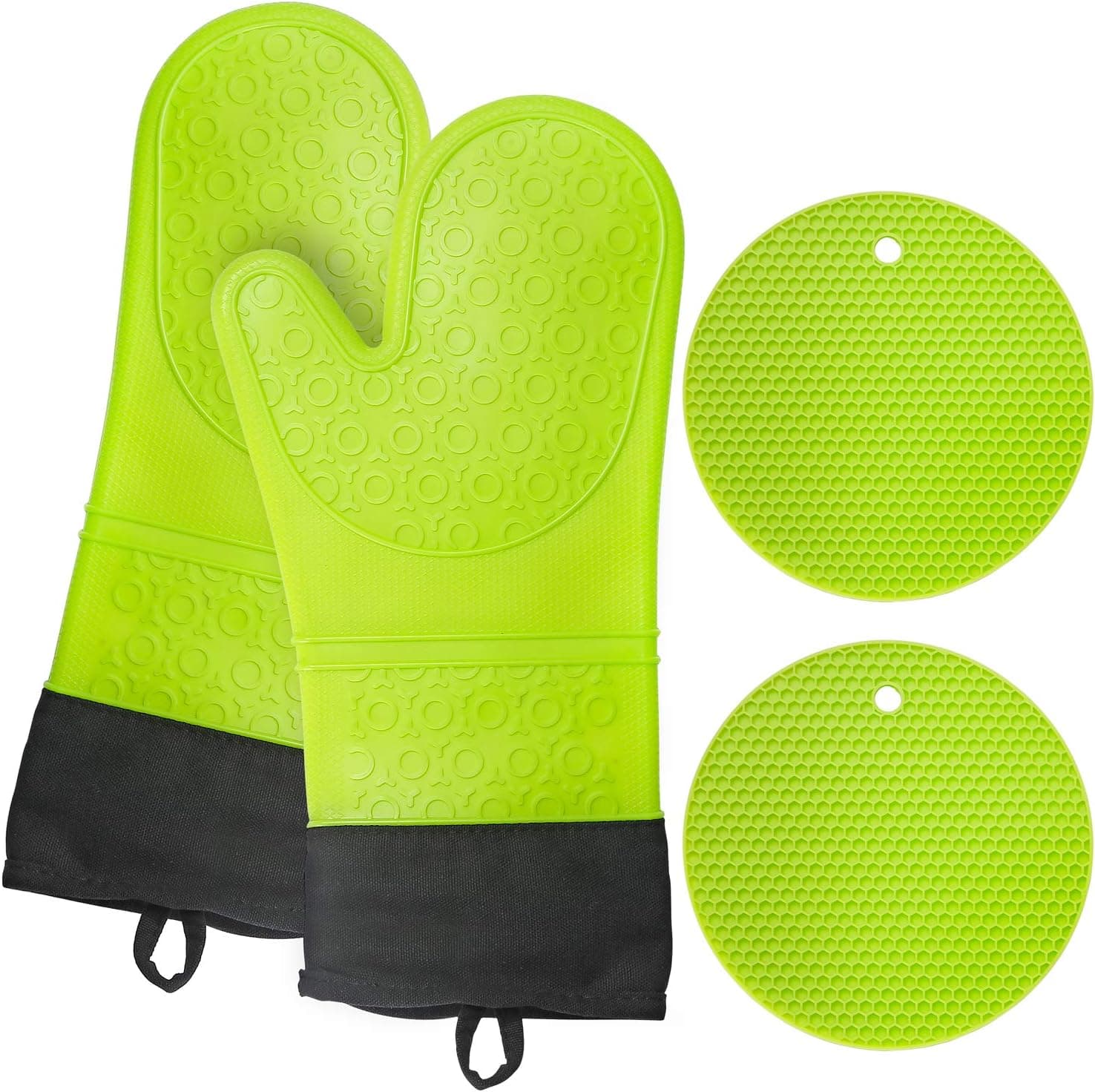 Upgrade Oven Mitts and Pot Holder - Unnowils Silicone and Cotton Double-Layer Heat Resistant Gloves Oven Gloves BBQ Gloves and Non-Slip Textured Grip Pot Holders