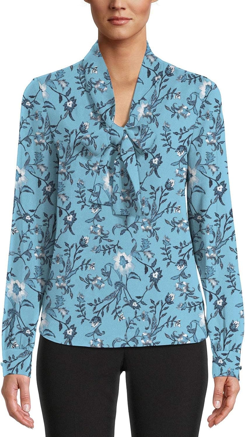 Urth Women's Elegant Bow Tie Neck Long Sleeve Blouse Button Cuff Floral Top