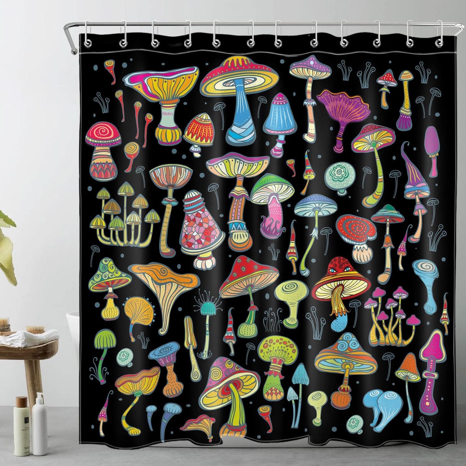 HVEST Mushroom Shower Curtain for Bathroom, Various Colorful Mushrooms on Black Shower Curtains with Hooks Easy Care Waterproof Durable Fabric Bath Decor Accessories, 72x72Inchs