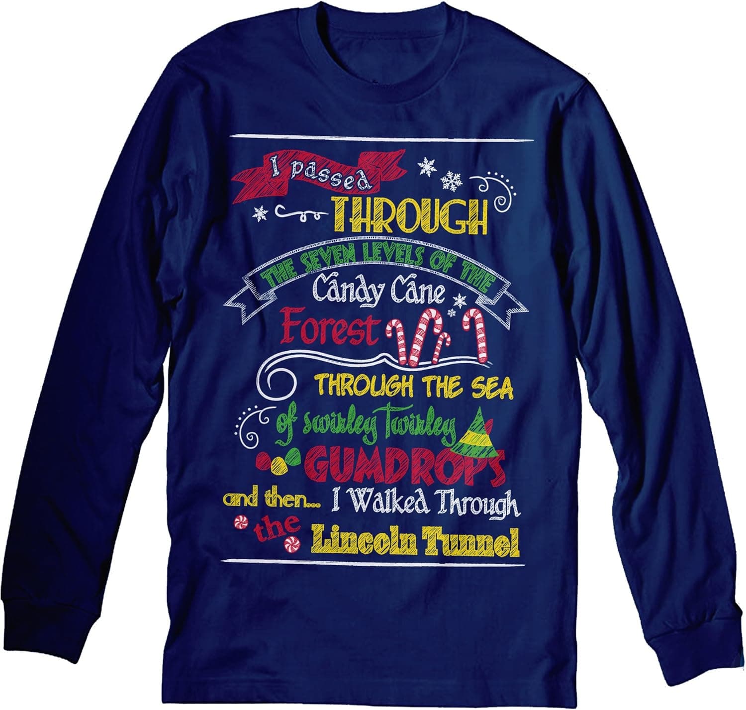 ELF MAP - Funny Holiday Ugly Christmas - Long Sleeve Shirt - T/Navy-Md